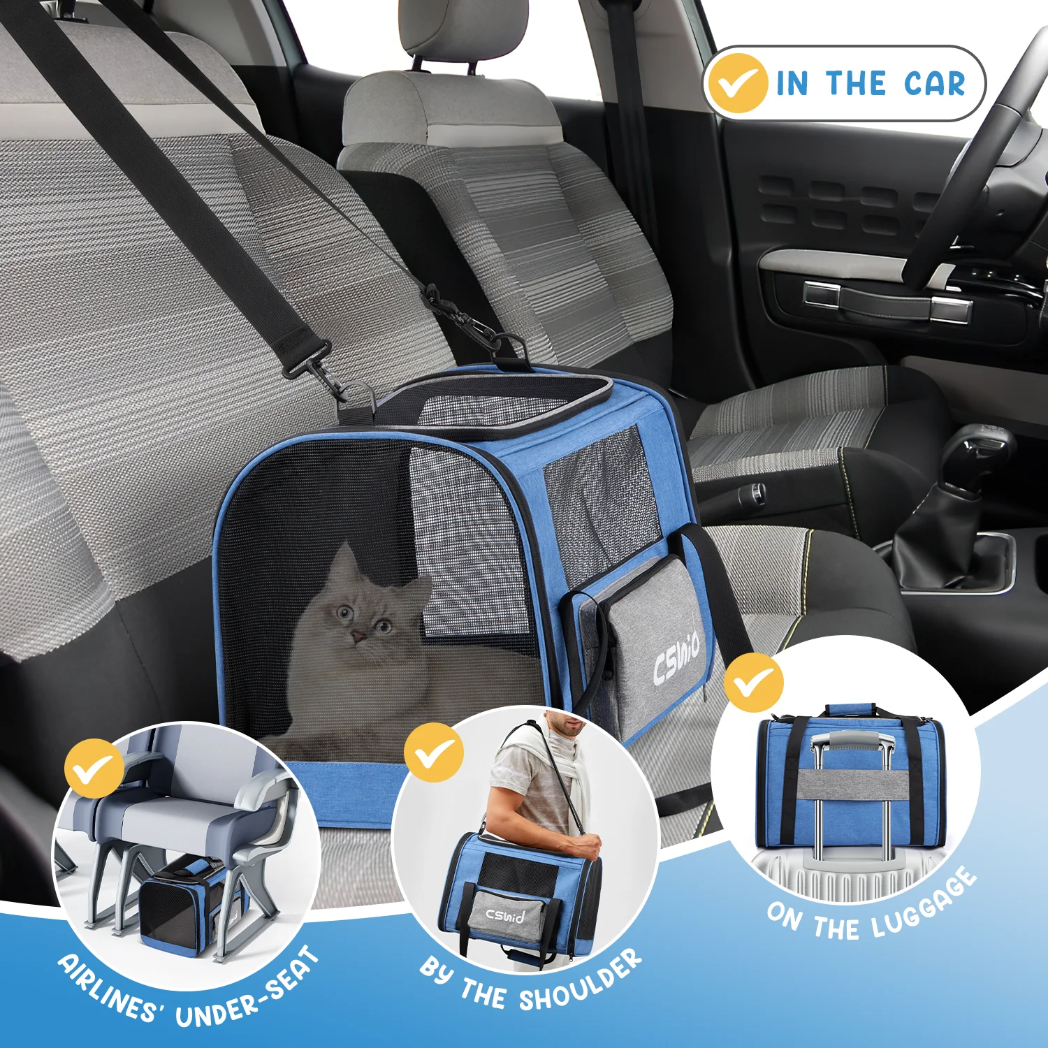 Cat Carrier, Soft Sided Cat Carriers for Large Small Medium Dogs Cats Under 25lbs, Foldable Pet Travel Carrier with a Bowl/Washable Pad, TSA Airline Approved, Blue - Womvr