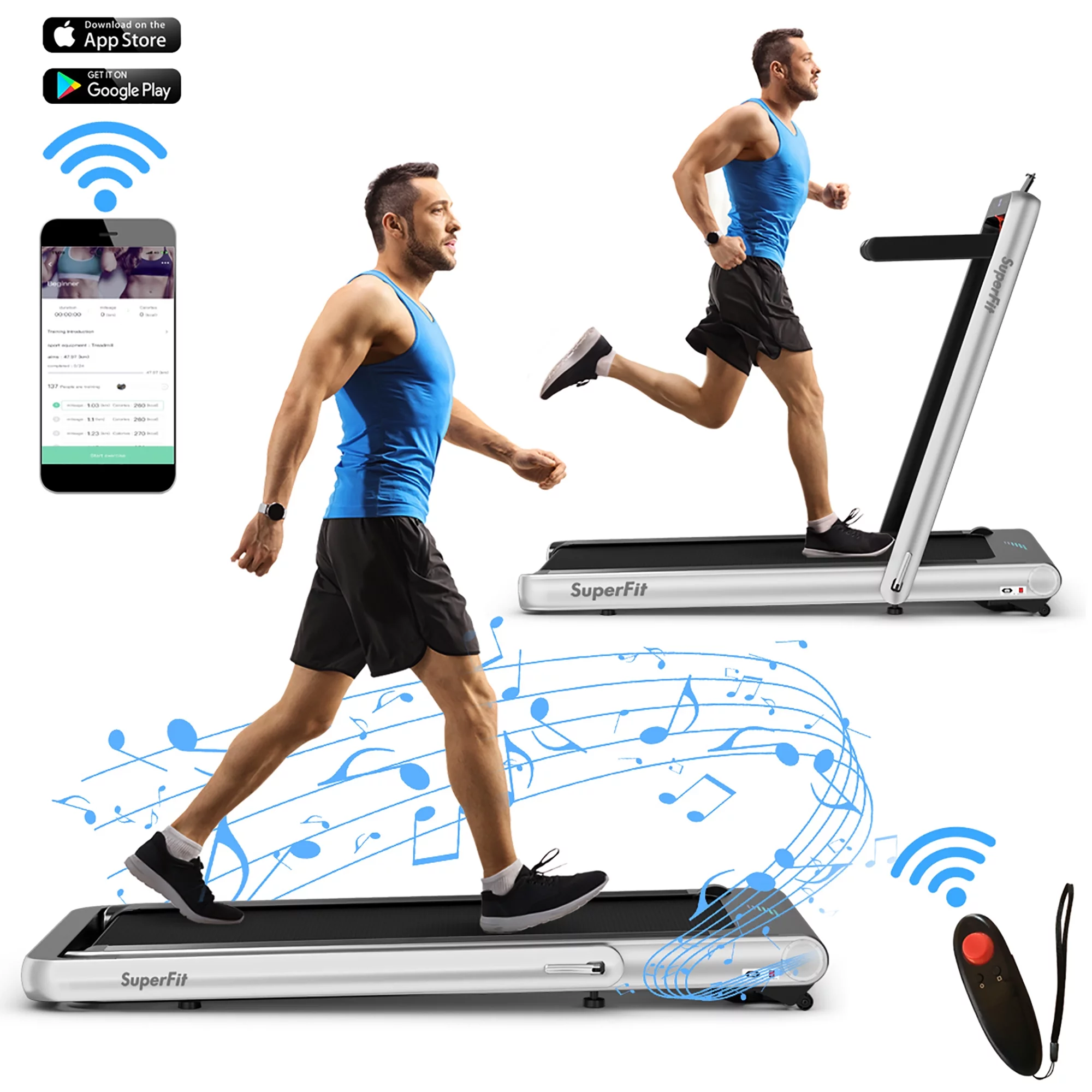 SuperFit 4.75HP 2 In 1 Folding Treadmill W/Remote APP Control White - Womvr