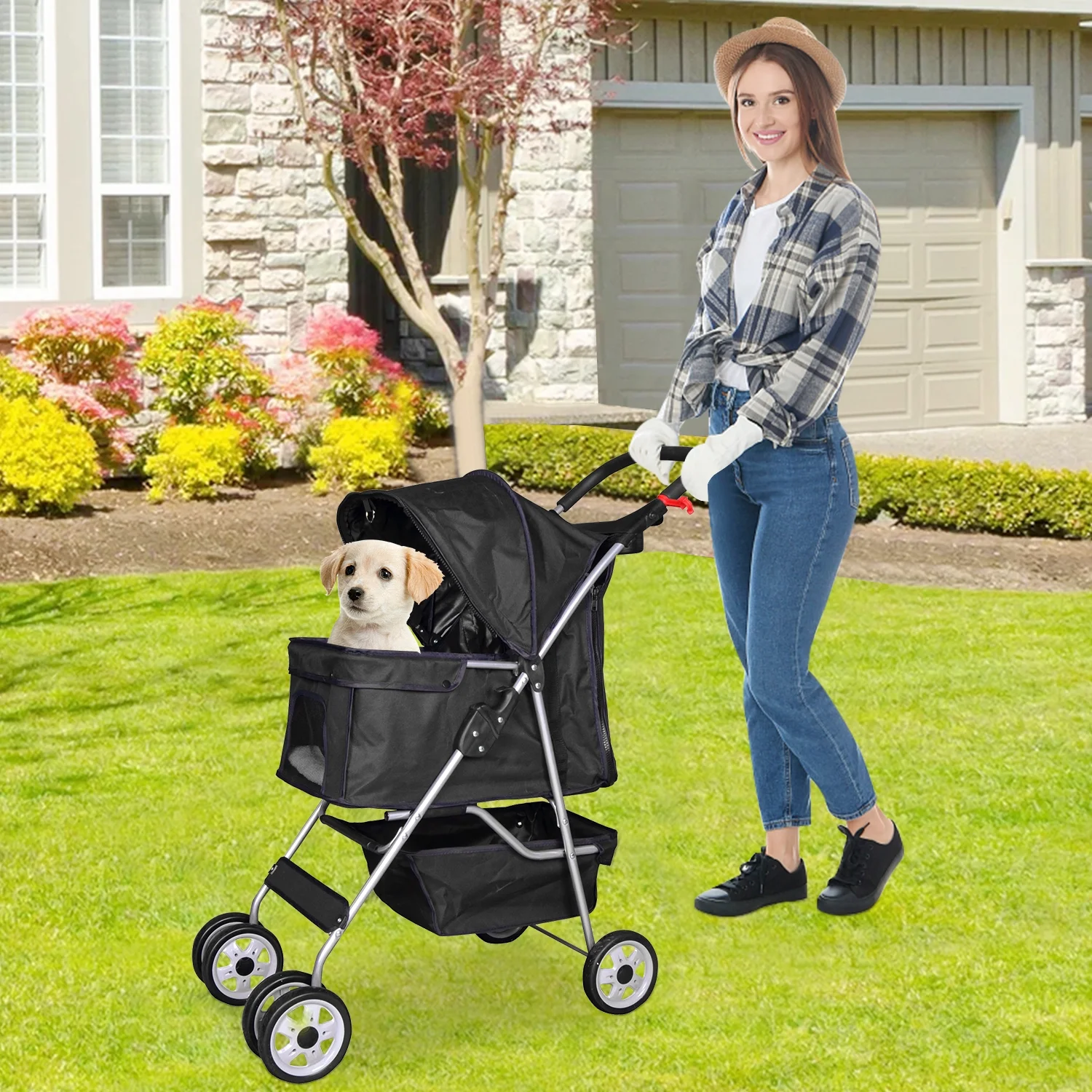 4 Wheels Pet Stroller Foldable Dog Stroller Cat Stroller with Storage Basket & Removable Liner, Travel Lite Foldable Carrier Strolling Cart for Dogs Cats, Black - Womvr