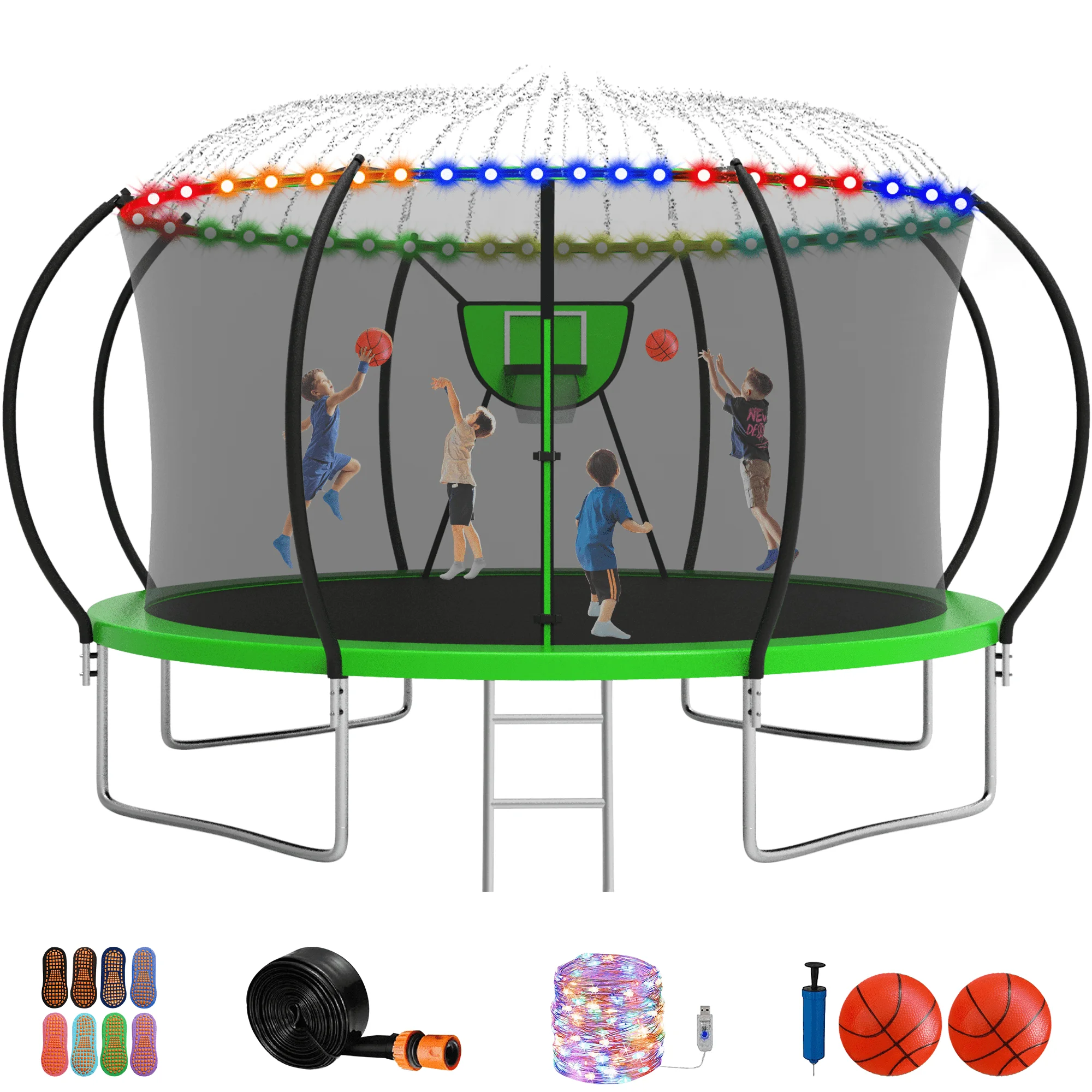 Jump Into Fun Trampoline 12FT 14FT, Trampoline with Enclosure, Basketball Hoop, 2 Balls, LED Light, Sprinkler and Socks, 1400LBS Trampoline for 1-2 Adults/ 4-5 Kids, Outdoor No Gap Design Trampoline - Womvr