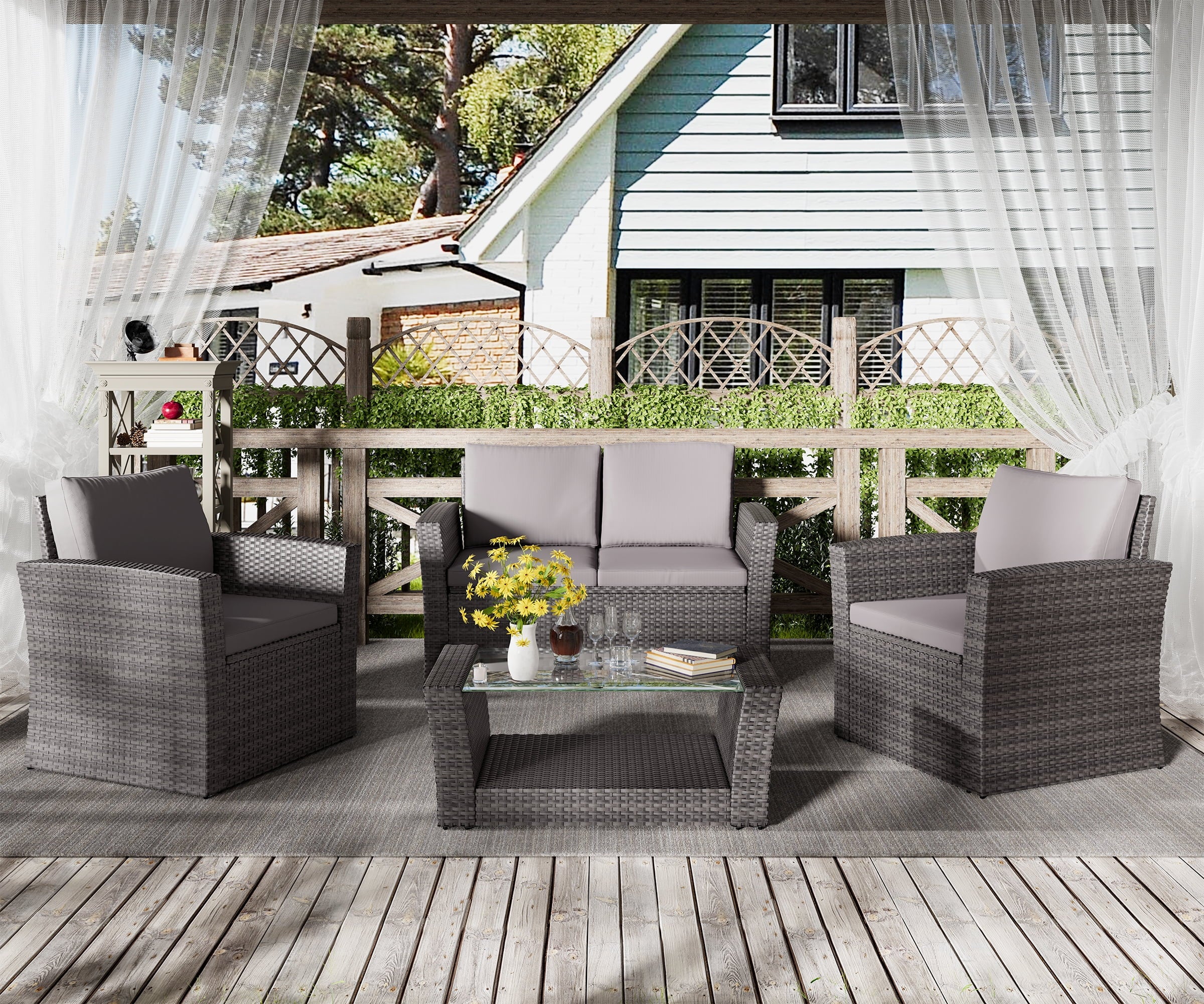 Bifanuo 4-Piece Patio Furniture Set Outdoor Rattan Wicker Sofa Set with Cushions & Coffee Table, Conversation Sofa Set with Tempered Glass Table Top - Womvr