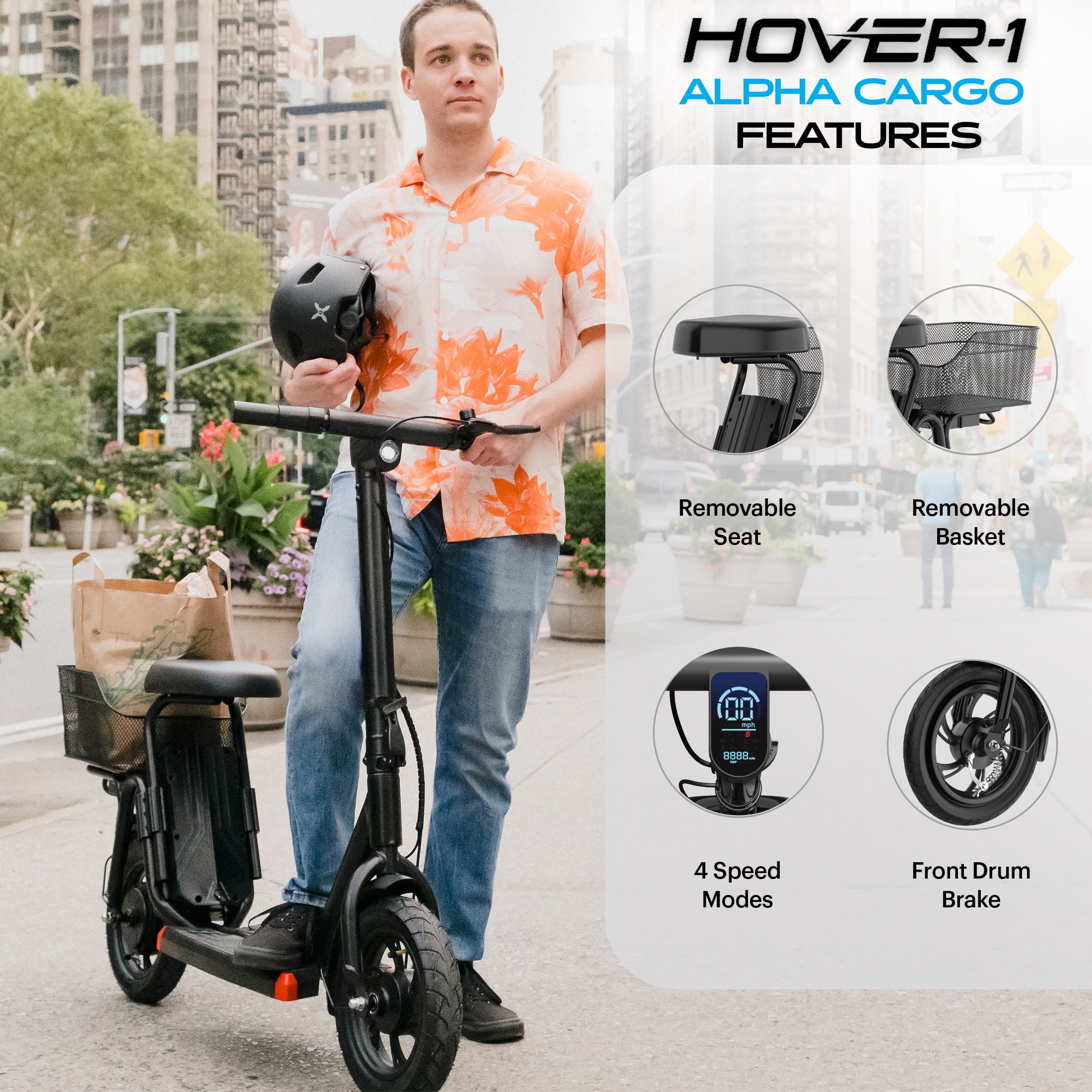 Hover-1 Alpha Cargo Electric Scooter for Teens, 16 mph Max Speed, UL 2272 Certified, Black - Womvr