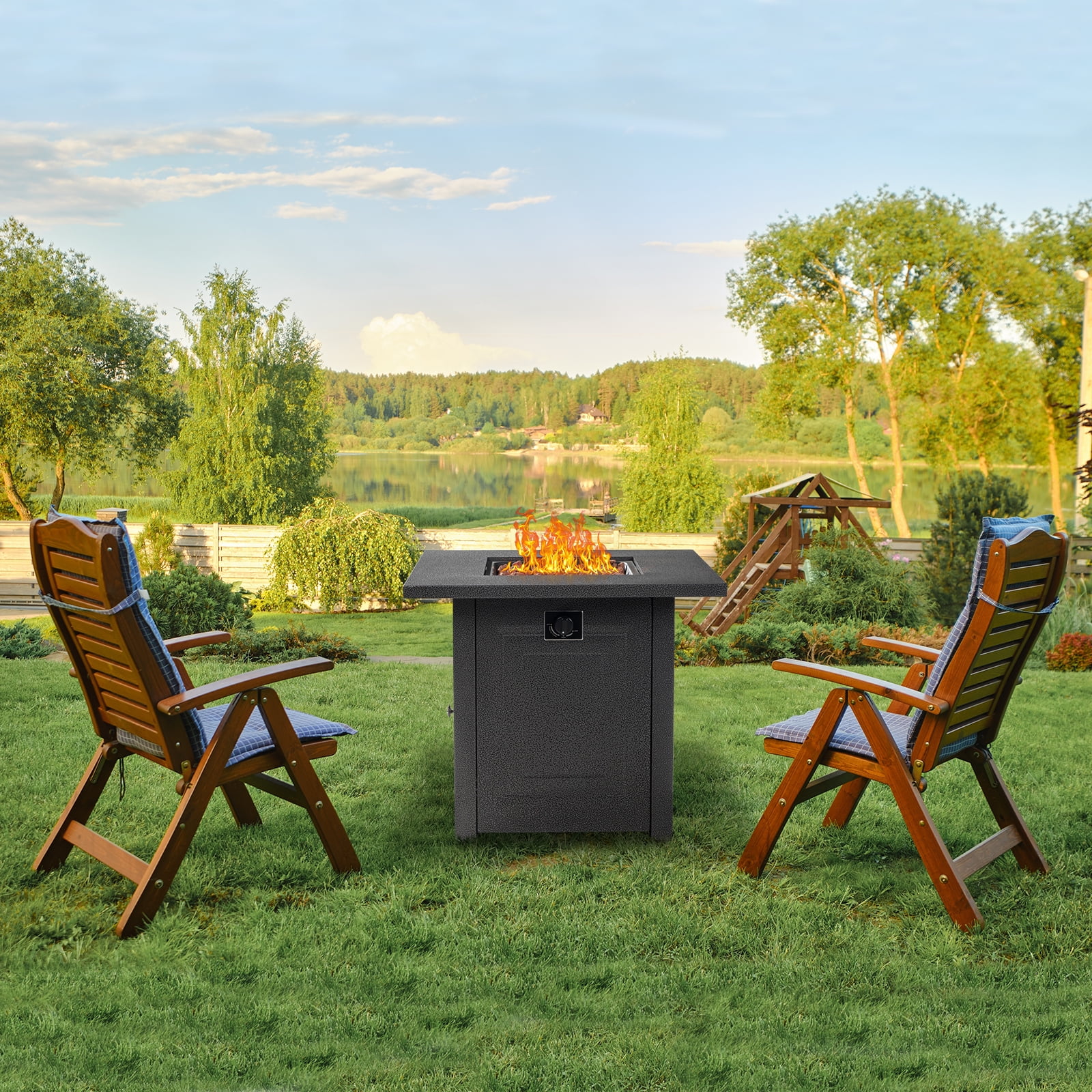 43.3 inch Gas Fire Pit Table, SYNGAR 2-in-1 50,000 BTU Propane Gas Fire Pit Table, Outdoor Propane Fire Pit with Glass Wind Guard, Blue Rocks and Lid, for Patio, Backyard, Garden, Poolside, D4620 - Womvr