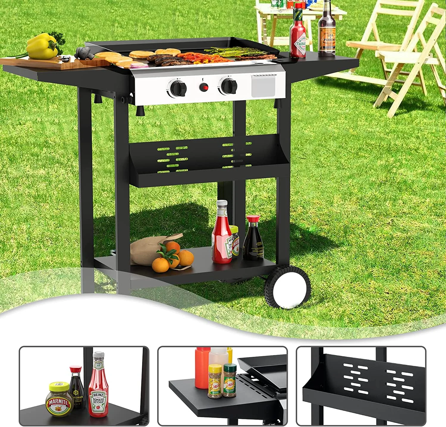 SKOK 3 Burner Gas Griddle-Outdoor Propane Griddle-BTU Propane Fuelled, Portable Flat Top Gas Grill Camping Griddle Station with Side Shelves for Kitchen - Womvr