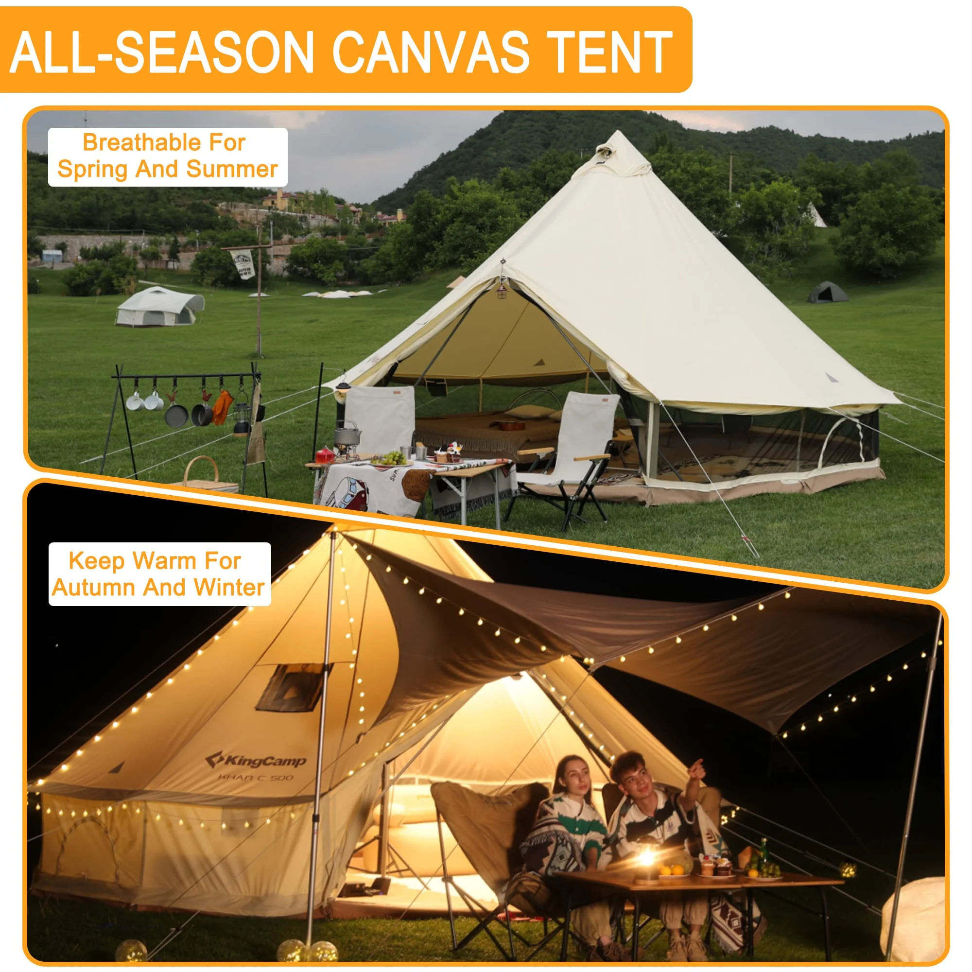 KingCamp Khan Canvas Bell Tent for Camping, 4 Seasons 16.4FT Canvas Yurt Tent with Stove Jack Hole, 8-People Luxury Glamping Tent for Family Camping Outdoor Hunting Party, White - Womvr