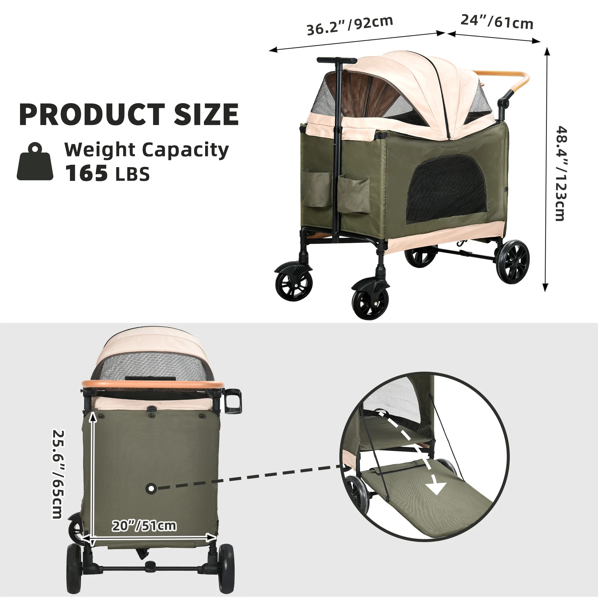 DWVO Dog Stroller for Large Medium Dogs, Upgraded Version with Larger Room, 4 Wheels Foldable Pet Stroller with 360�� Rotation Wheel, Cat Kitty Puppy Stroller with Storage Basket - Green & Pink - Womvr