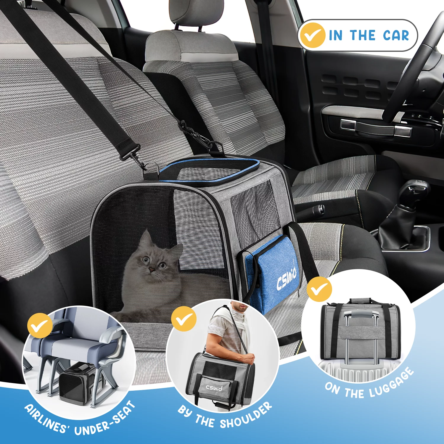 Cat Carrier, Soft Sided Cat Carriers for Large Small Medium Dogs Cats Under 25lbs, Foldable Pet Travel Carrier with a Bowl/Washable Pad, TSA Airline Approved, Blue - Womvr