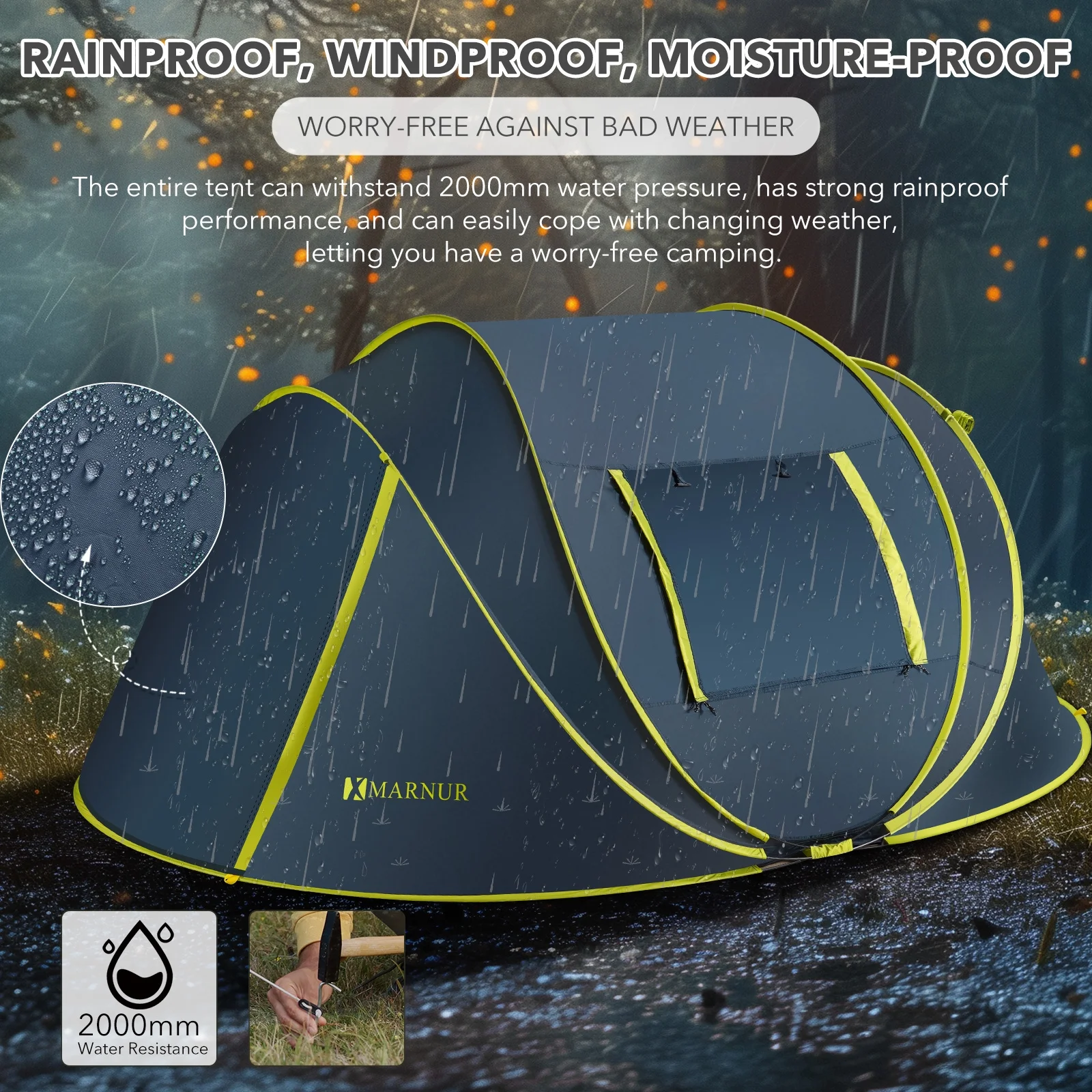 MARNUR Instant Tent 4-Person Camp Tent, Auto Setup Pop Up Tent, Waterproof, Huge Door & Windows, Dark Blue - Womvr