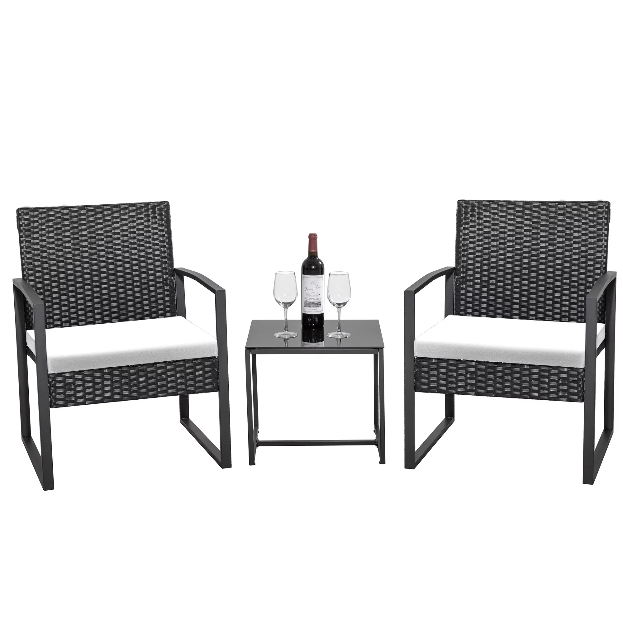 Homall Patio Furniture 3-Piece Set Casual Wicker Chair Bistro Chair with Coffee Table, Black - Womvr