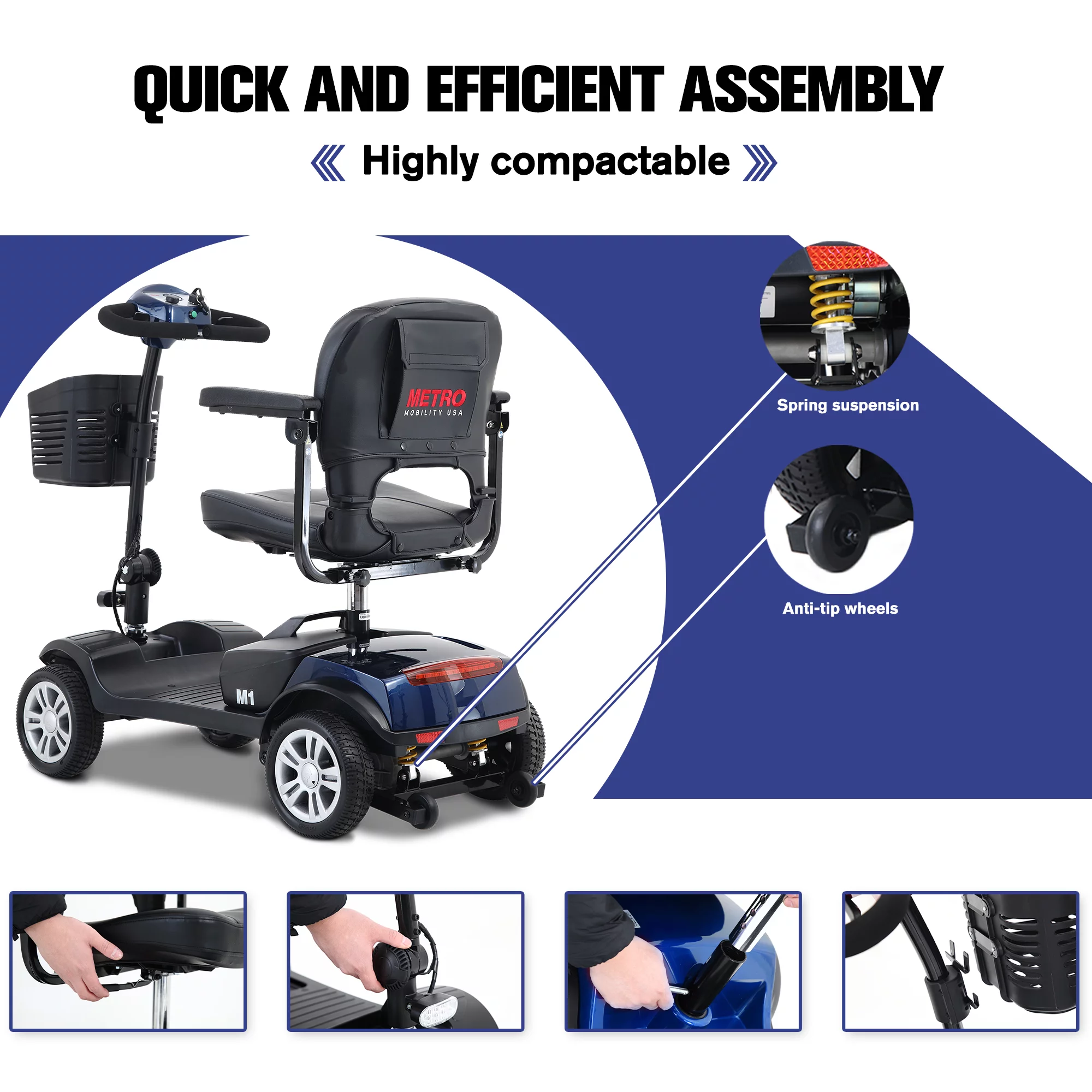 Metro Mobility Scooters, Electric Mobility Scooter for Adults and Seniors, 300 lbs Max Weight, Long Range Power Extended Battery with Charger and Basket-M1 Blue - Womvr