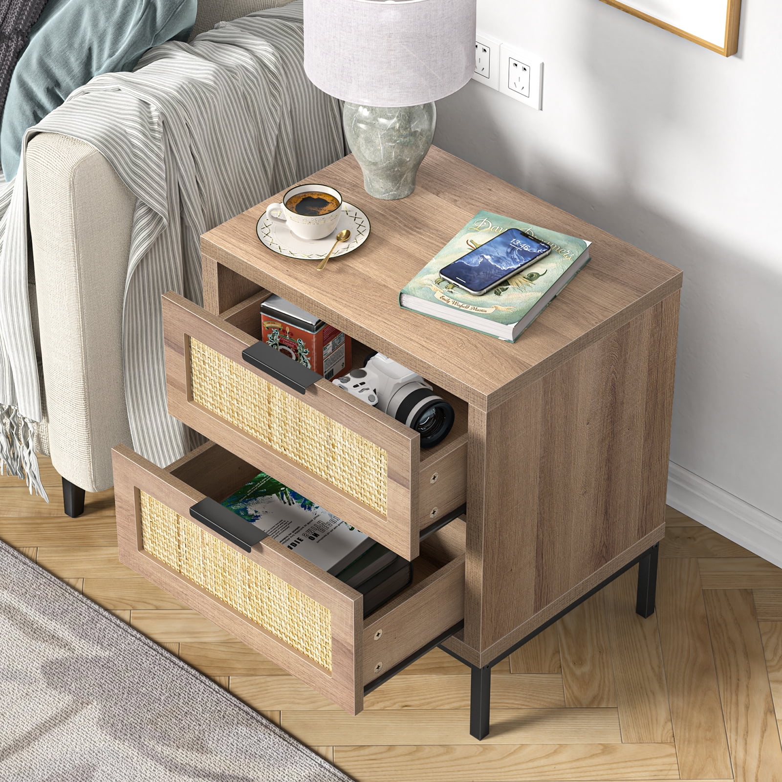Eumyviv Modern Farmhouse Nightstands with 2 Rattan Drawer,Wood Bedside Table Storage Cabinet for Bedroom, Living Room,Natural Oak H0021 - Womvr