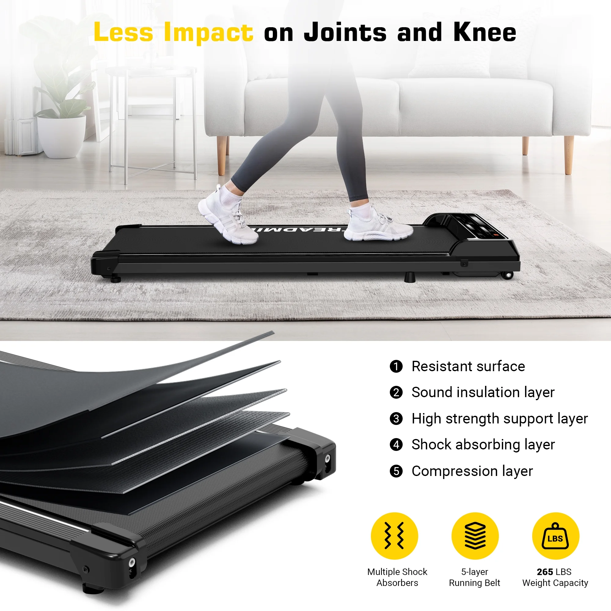 Under Desk Treadmill Walking Pad Portable 265lbs 2.25HP with Remote, Led Display for Home, Black - Womvr