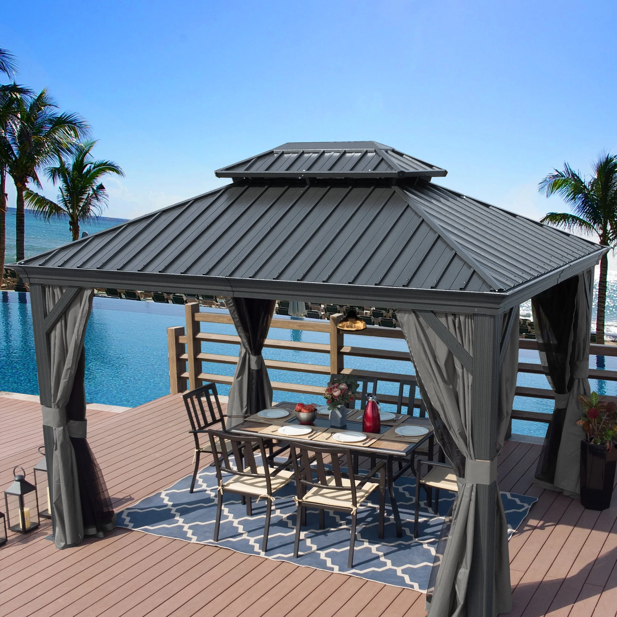Kozyard Alexander Hardtop 12 ft. W x 10 ft. D Aluminum Hardtop Gazebo (Brown) - Womvr