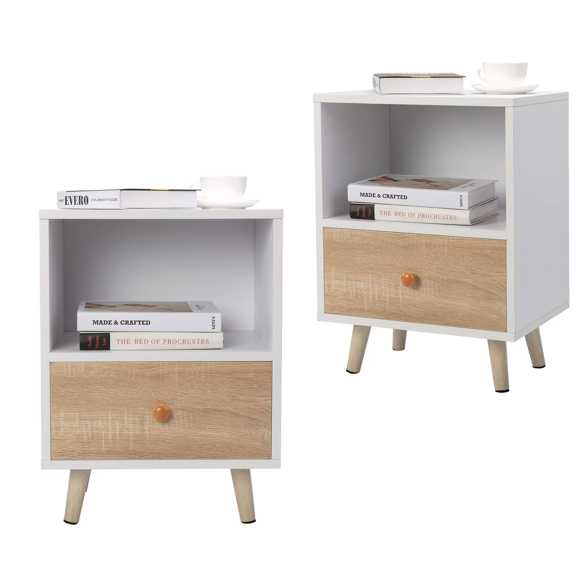 JAXPETY Nightstands Set of 2, Night Stand with 1 Drawer and Open Shelf Storage, End Table, Side Table, for Bedroom, Living Room, Natural Wood & White - Womvr