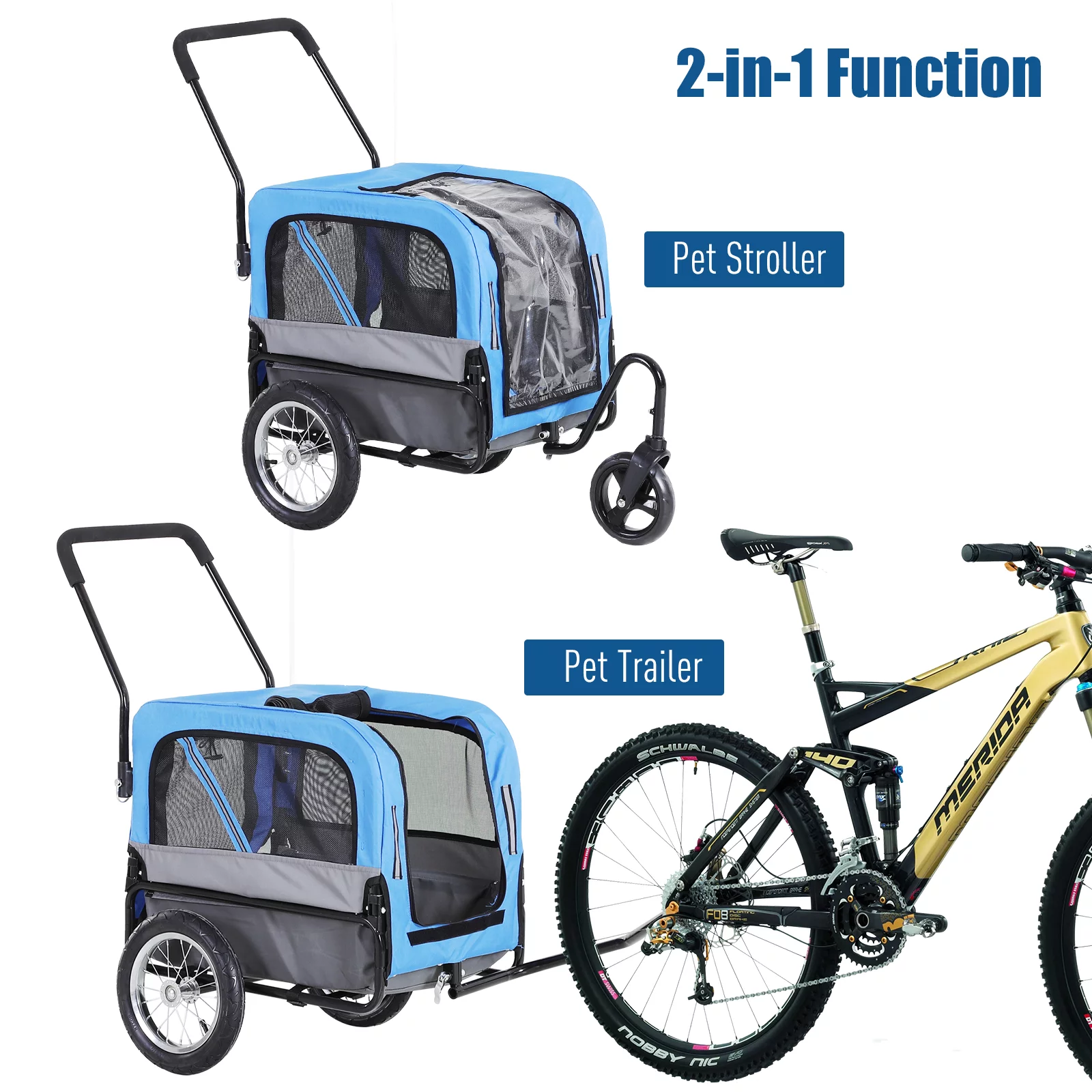 Aosom Elite-Jr 2-In-1 Dog Pet Bicycle Trailer, Jogging Stroller with 360-Degree Swivel Wheels & Large Easy Entry, Blue - Womvr