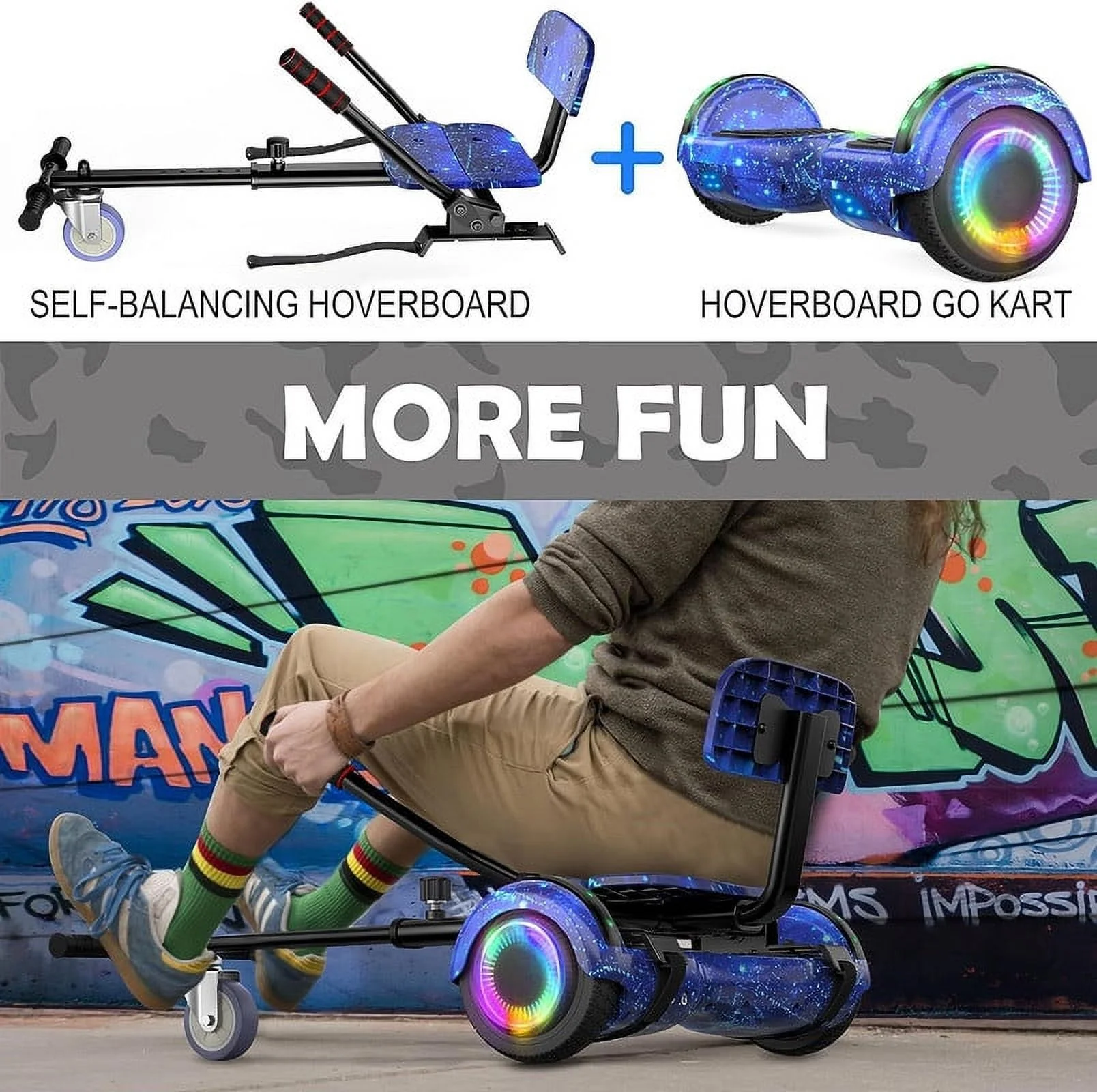 SISIGAD Hoverboard with Seat, 6.5 inch Hoverboard Go Kart Combo with Bluetooth Speaker & LED Lights for Kids Adults - Womvr