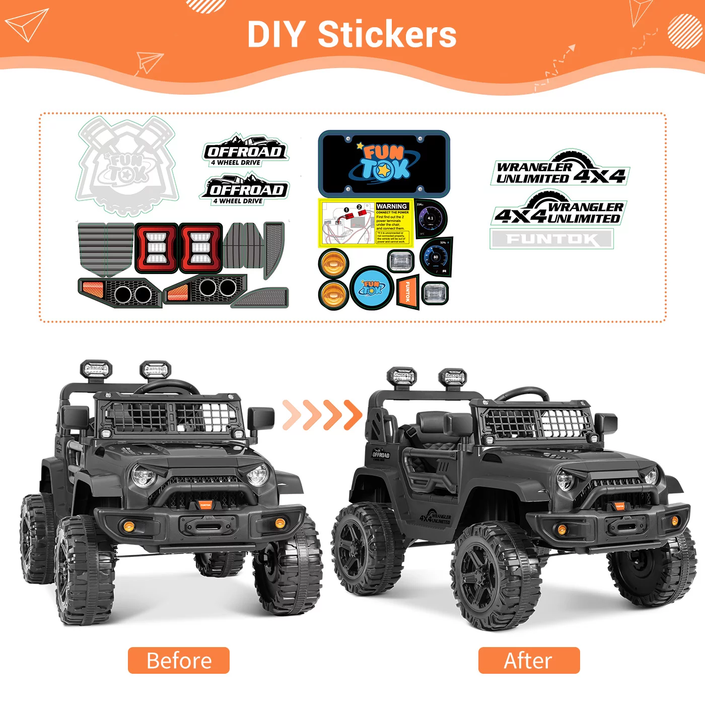 FUNTOK Kids 12V Electric Ride on Toy Car with Remote Control, Spring Suspension, DIY Stickers and Music Player - Womvr