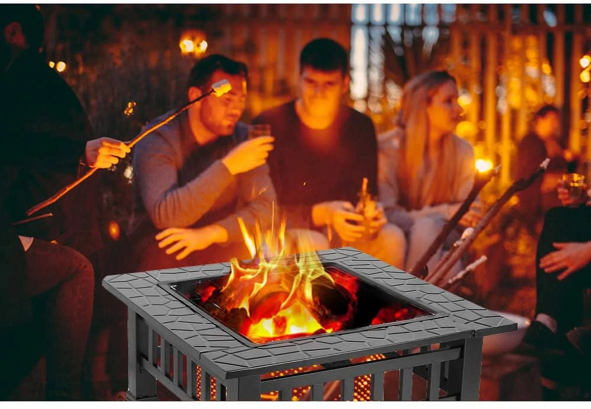 LAZY BUDDY Steel Fire Pits for Outside, 32'' Square Wood Burning Fire Pit Table, Outdoor Patio BBQ Firepit Bonfire Party - Womvr