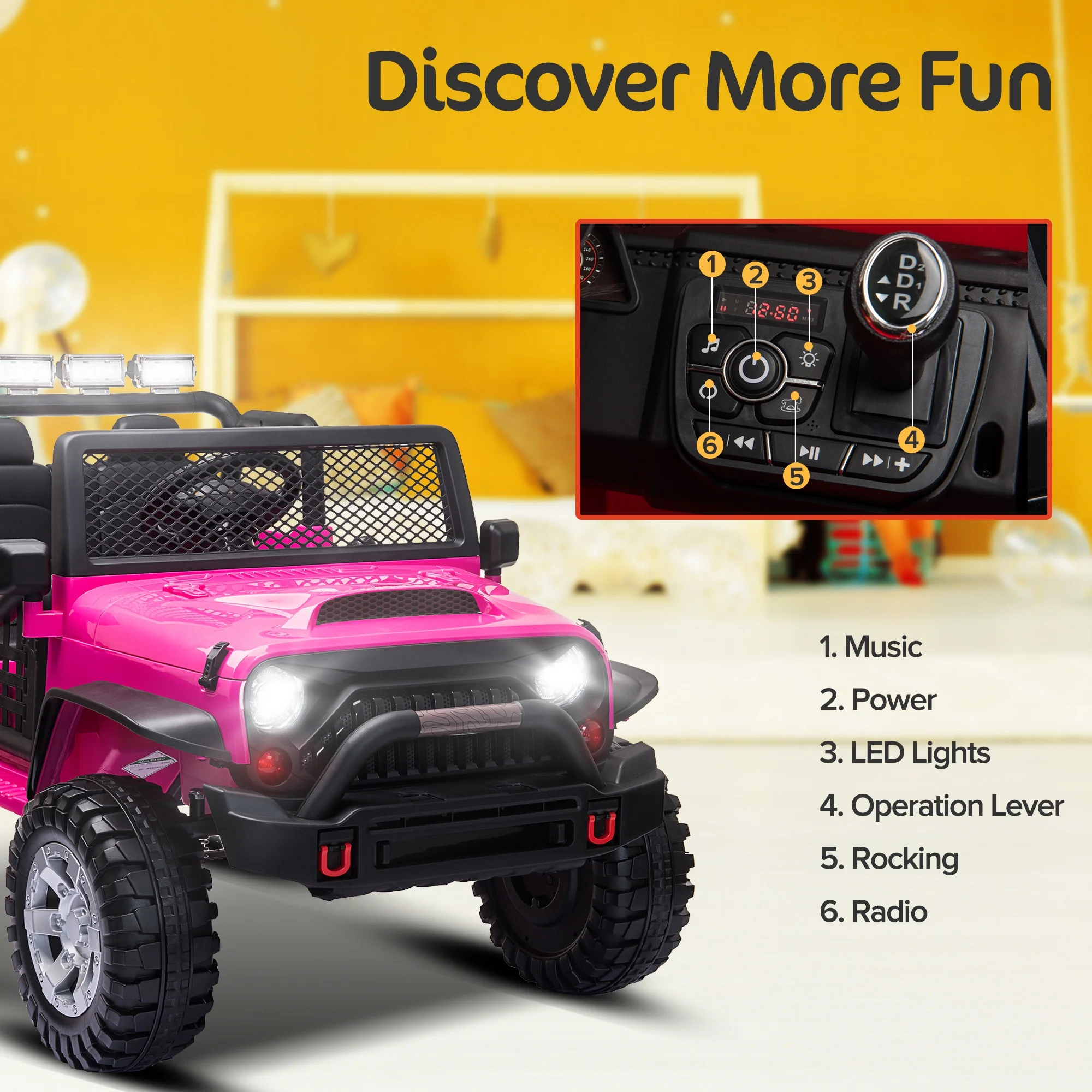 2 Seater Kids Ride on Truck with Remote Control, Music, 12V Children Electric Jeep Car - Womvr