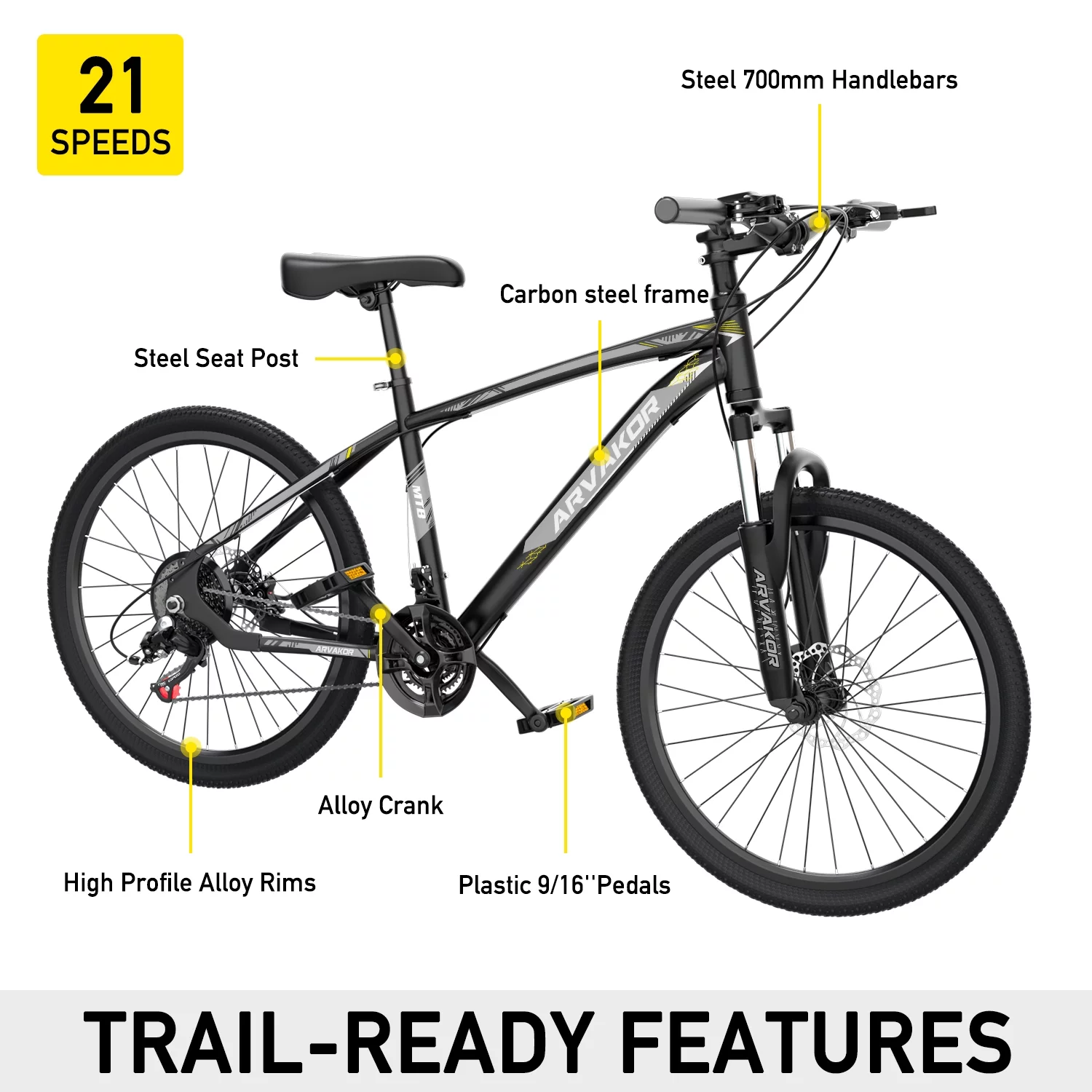 ARVAKOR 26'' Mountain Bikes for Men, 21 Speeds, Double Disc Brake, Gray - Womvr
