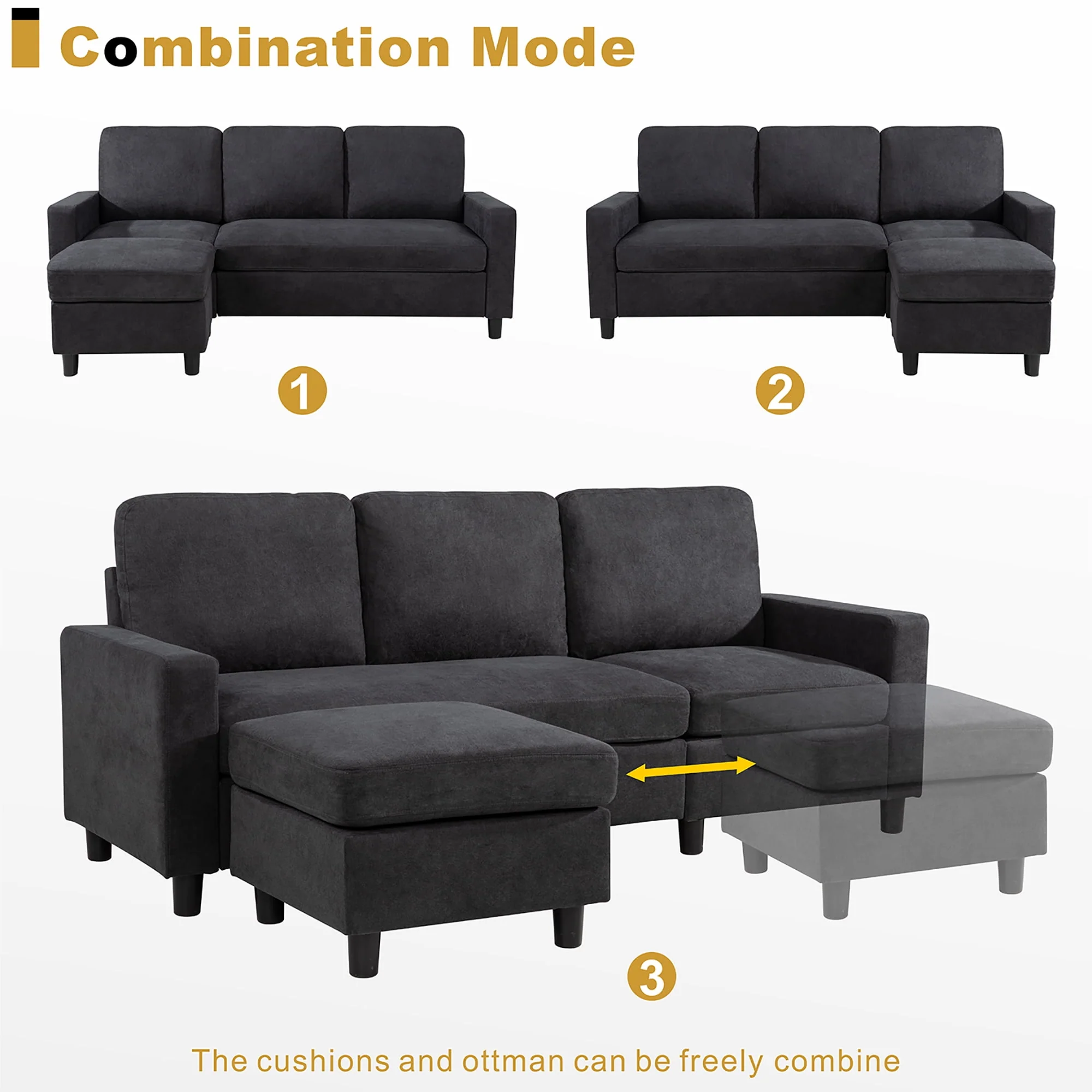 Walsunny Convertible Sectional L-Shaped Sofa with Modern Linen Fabric(Grayish Black) - Womvr