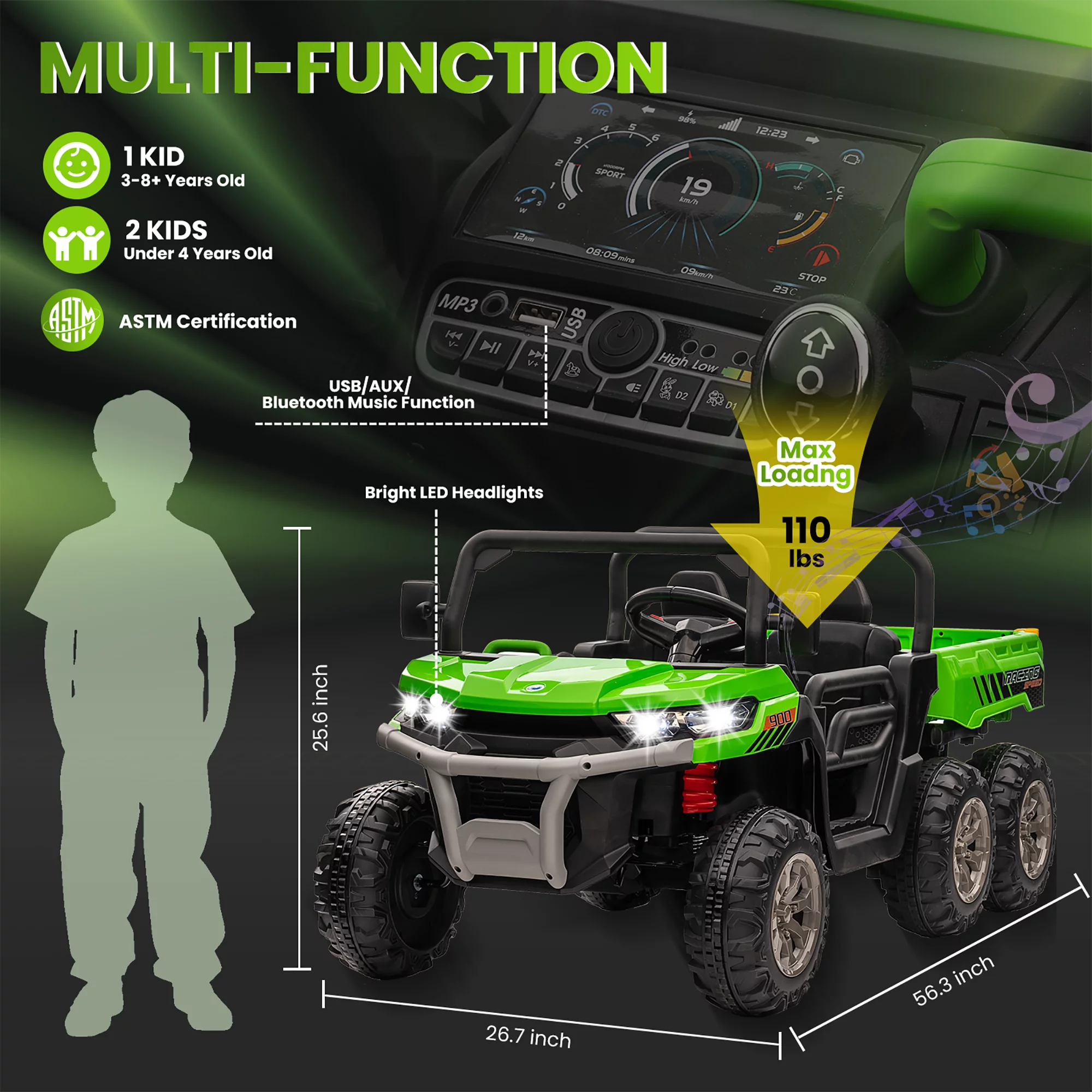 Joyracer 24V Ride on Toys, 2 Seater 6-Wheel UTV Car, 4WD Ride on Dump Truck for Big Kids with Trailer Remote Control, Black - Womvr