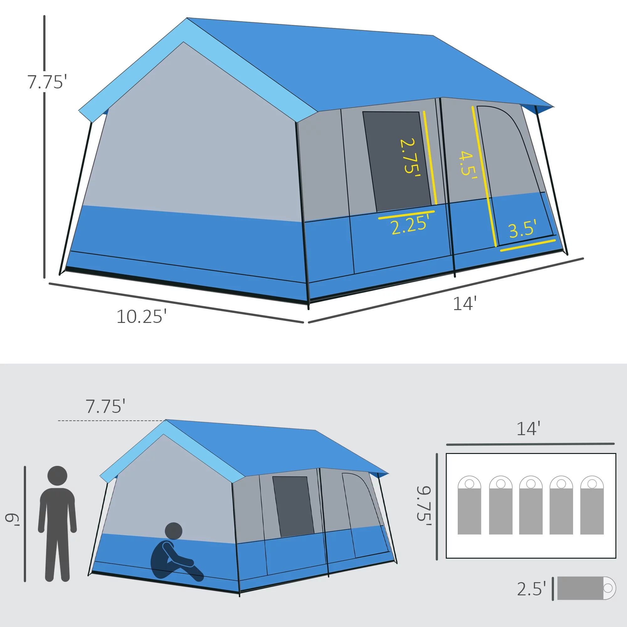 Outsunny Large Camping Tent 10-Person with Rain Cover, Family Tent, Blue - Womvr