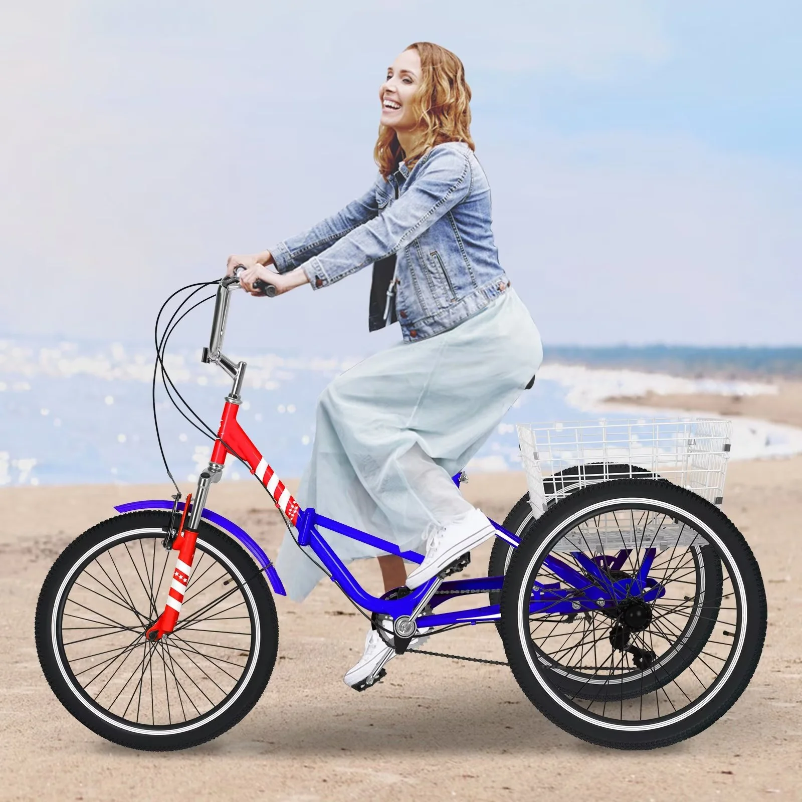 MOPHOTO 20/24/26 inch Adult Tricycle Folding 3 Wheel Cruiser Bikes 7 Speed, Portable and Foldable Trikes with Cargo Basket for Men & Women Outdoor Cycling, Purple - Womvr