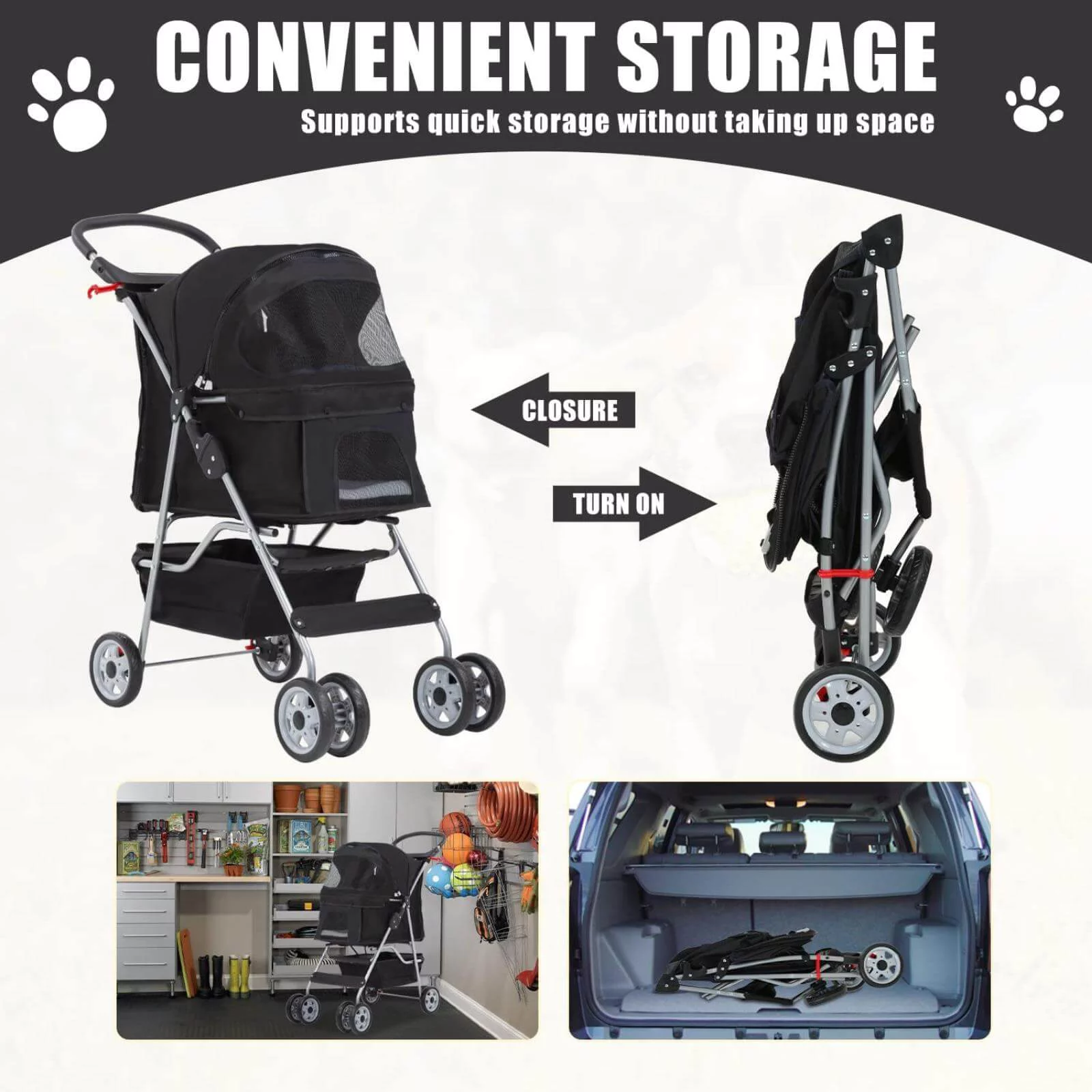 4 Wheels Pet Stroller Foldable Dog Stroller Cat Stroller with Storage Basket & Removable Liner, Travel Lite Foldable Carrier Strolling Cart for Dogs Cats, Black - Womvr
