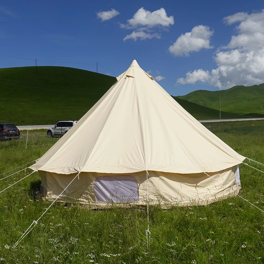 Teepee Tent Outdoor Waterproof 4-Season Family Camping Cotton Canvas Yurt Tent 4M/13.1ft Bell Tent With Stove Hole (Side Wall), For Family Glamping - Womvr