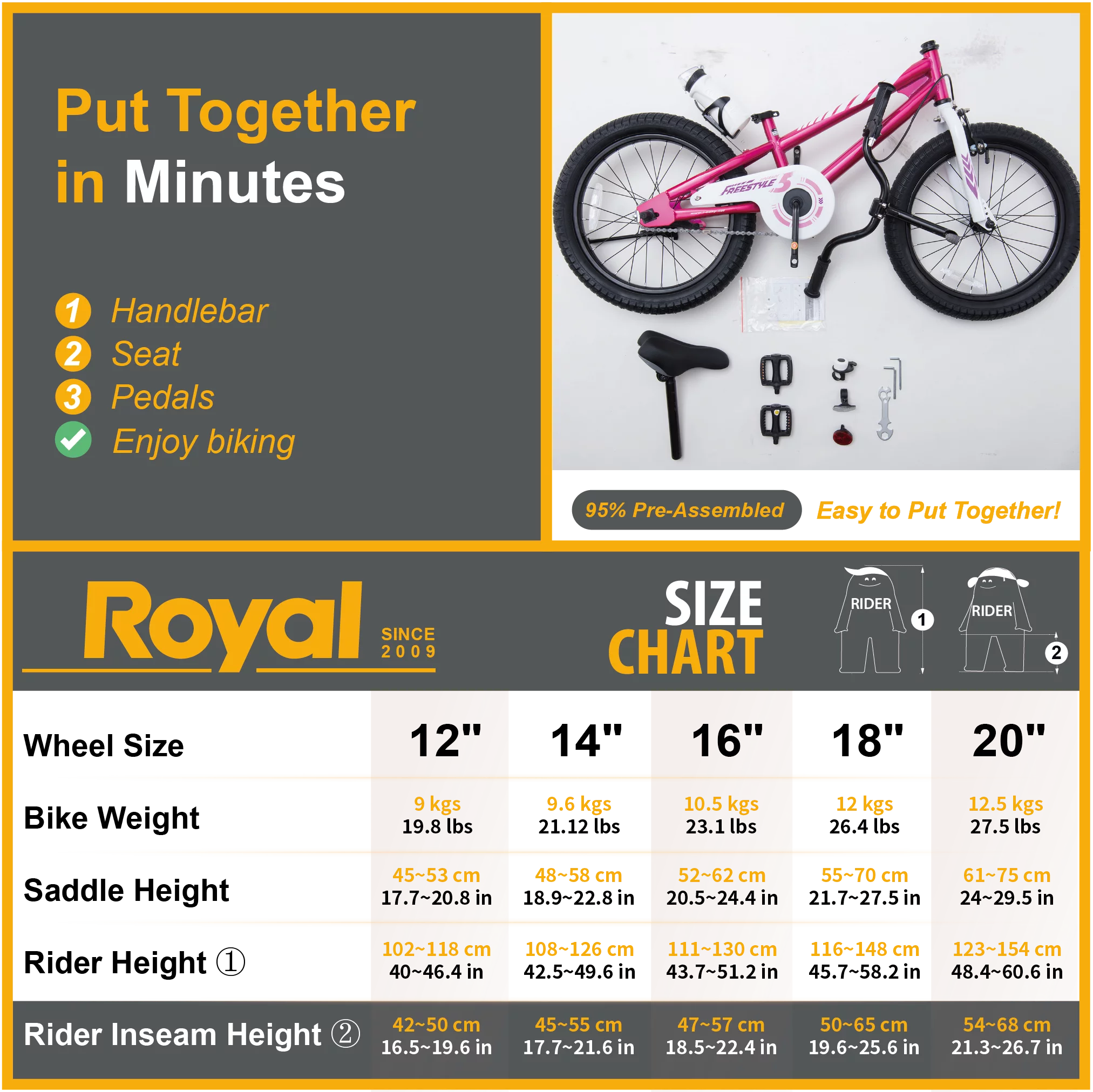 Royalbaby Freestyle Kids Bike 12 14 16 18 20 Inch Bicycle for Boys Girls Ages 3-12 Years, Multiple Color Options - Womvr