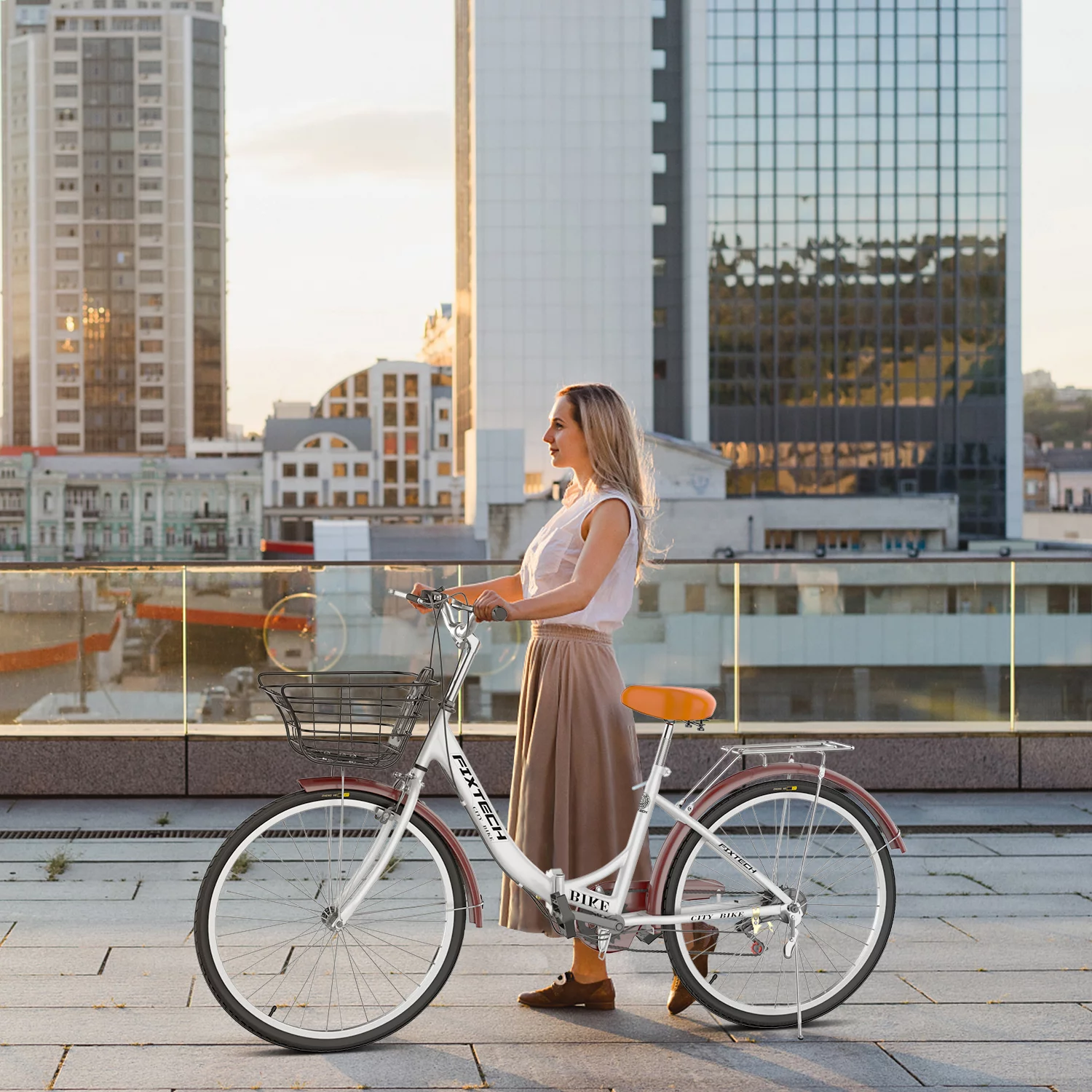 FIXTECH 7 Speed Foldable Comfort Cruiser Bike, 26 inch with Basket for Women and Girls, White - Womvr