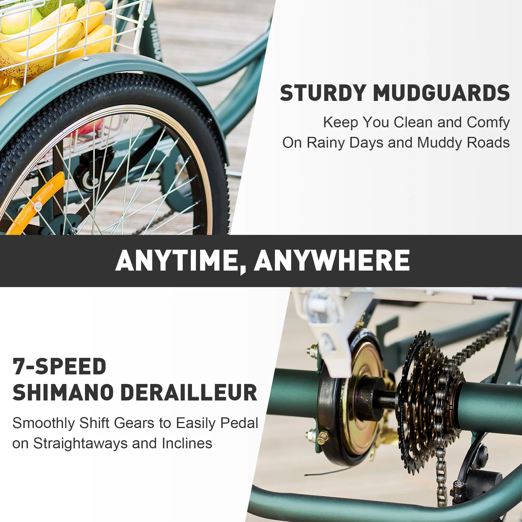 VIRIBUS 24 Inch Adult Trike 7 Speed Bike w Adjustable Seat 2 Baskets Matte Gray - Womvr