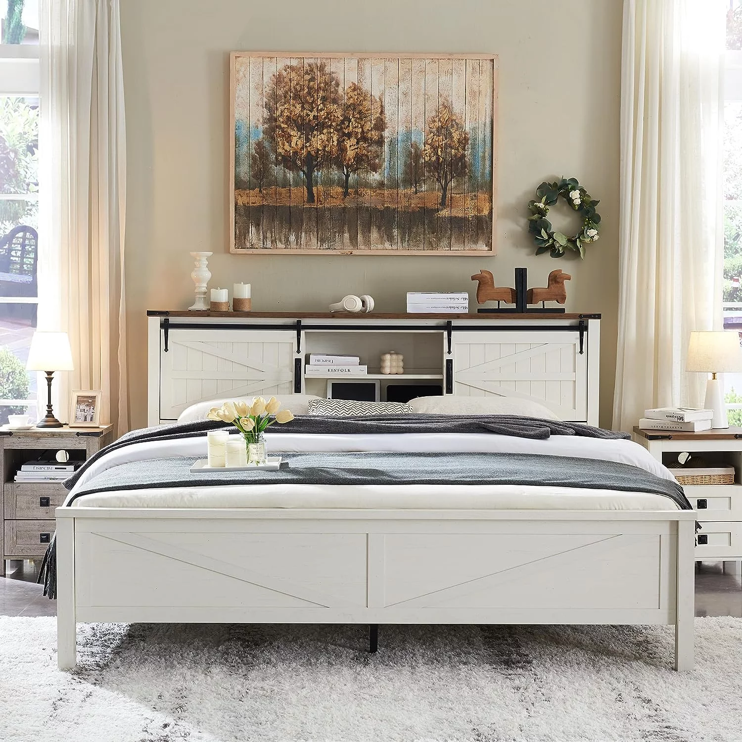 OKD Farmhouse Full Bed Frame, Wood Platform Bed with Bookcase Storage Headboard and Charging Station, No Box Spring Needed, Light Rustic Oak - Womvr