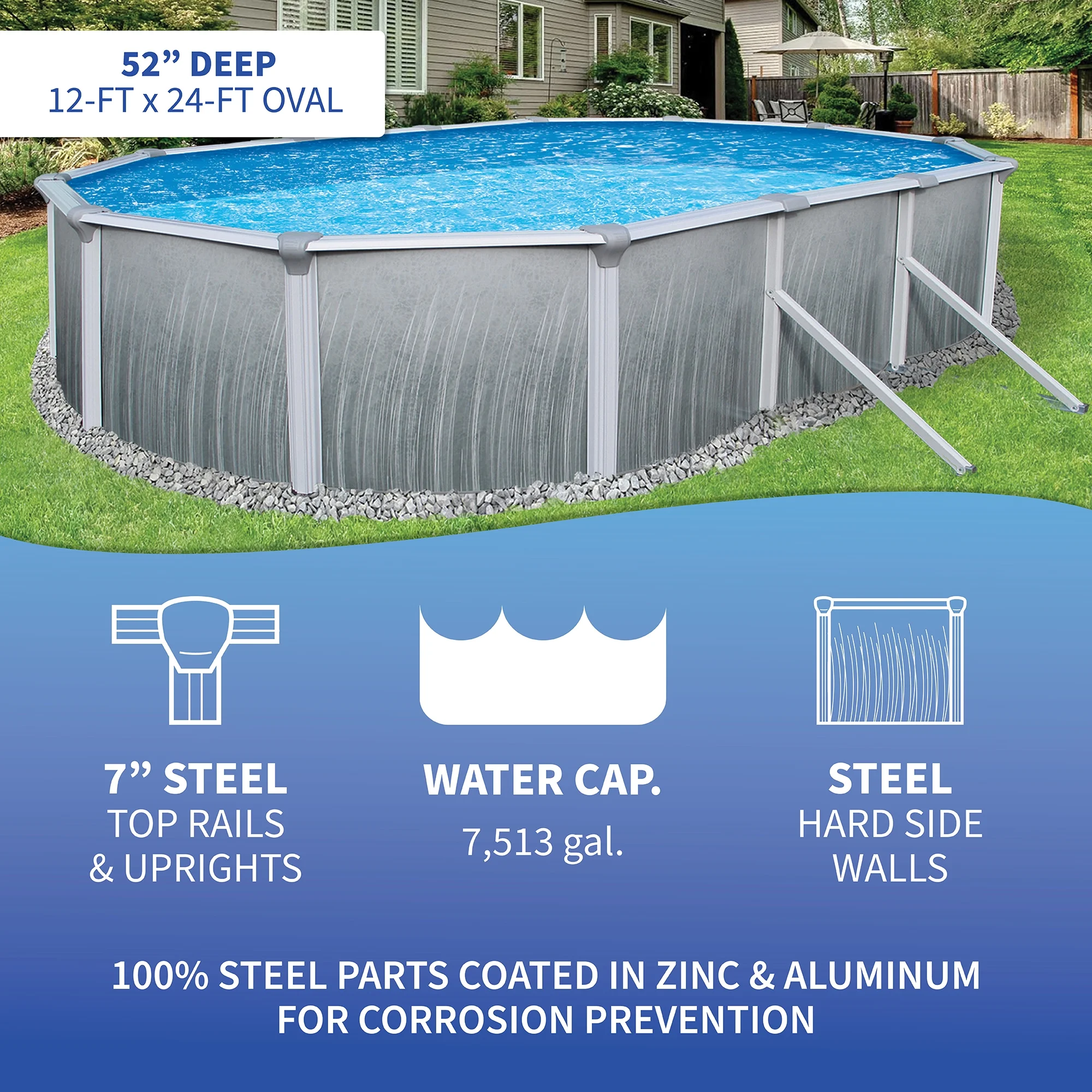 Blue Wave Martinique 12-ft x 24-ft Oval 52-in Deep 7-in Top Rail Metal Wall Swimming Pool Package - Womvr