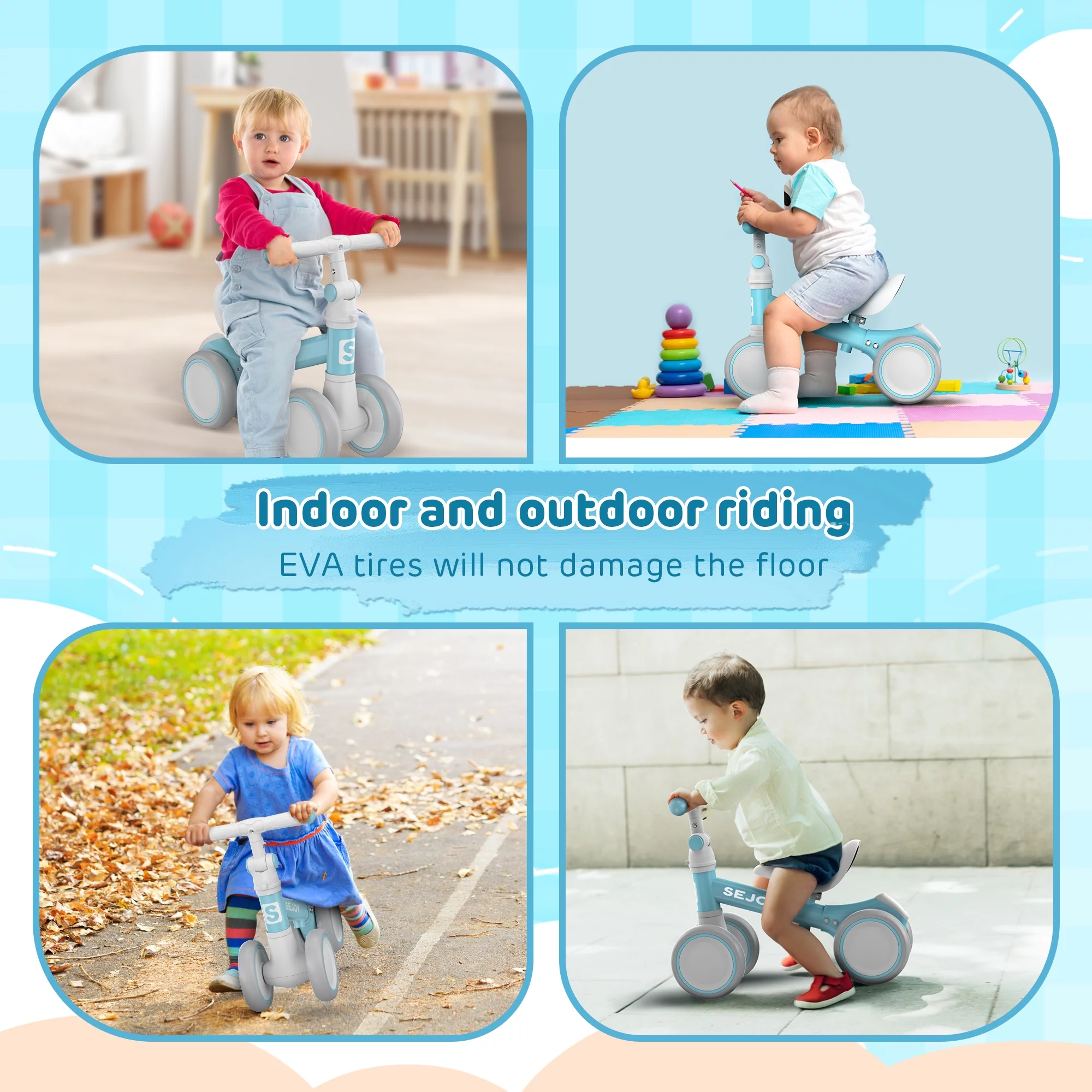 Sejoy Baby Balance Bike, Toddler Baby Bicycle with 4 Wheels for 10-36 Months, Adjustable Handlebar Baby Outdoor Bike Riding Toy, First B-day Gift - Womvr