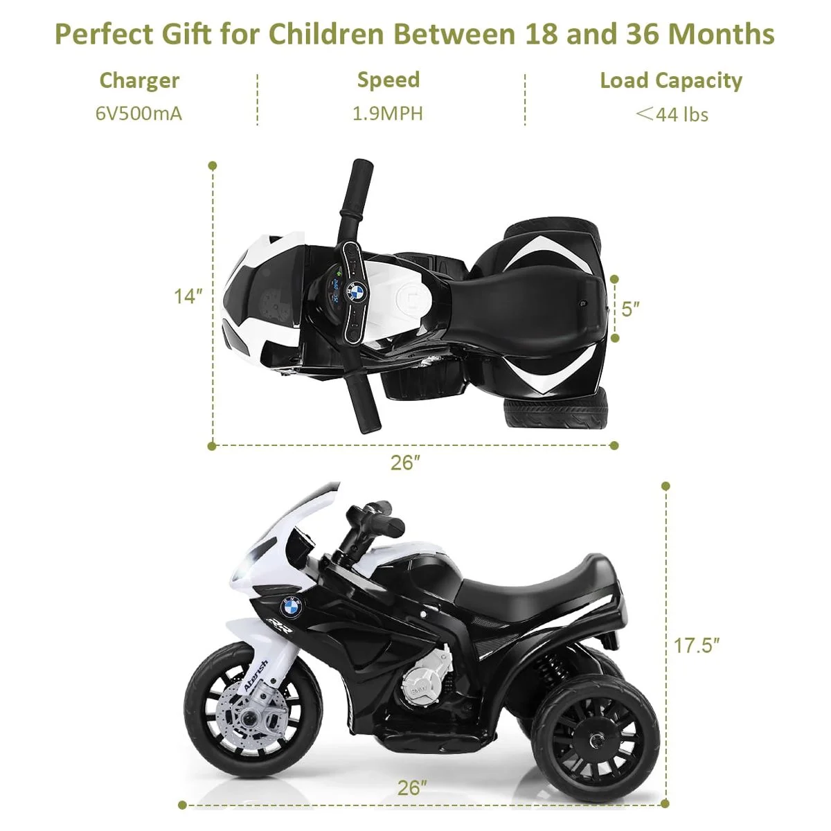 Costway Kids Ride On Motorcycle BMW Licensed 6V Electric 3 Wheels Bicycle with Music & Light (Suitable for 18-36 Months Age) - Womvr