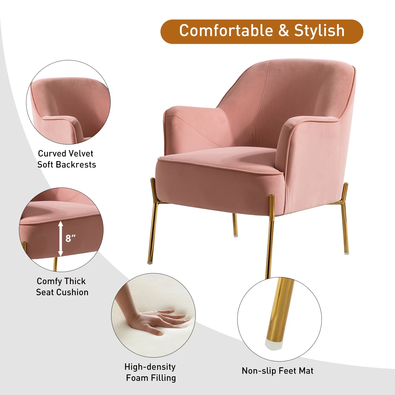 Velvet Upholstered Accent Chair Metal Legs Curved Backrest Lounge Home Armchair Bedroom Adult Pink - Womvr