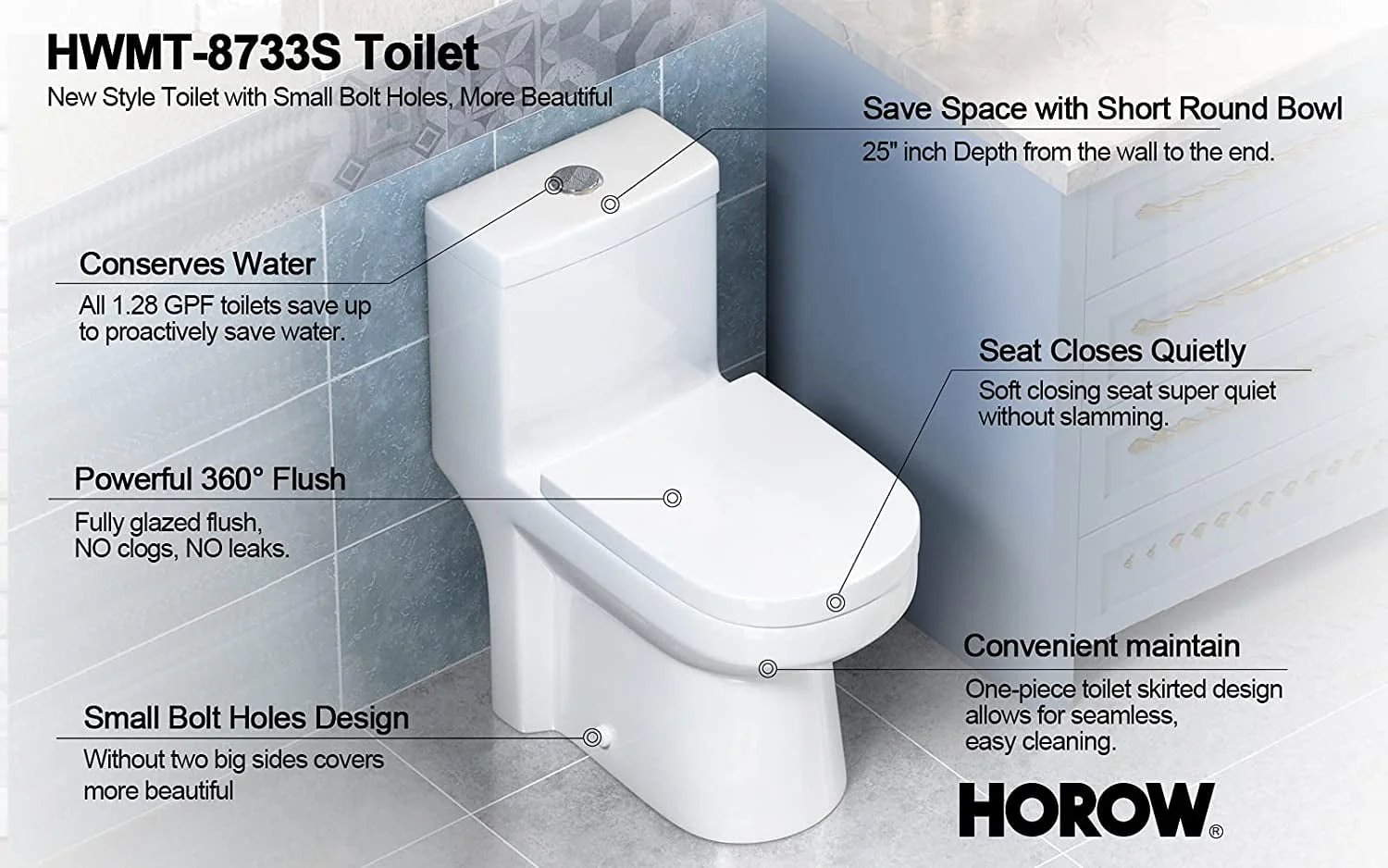 HOROW Upgraded One-Piece 0.8/1.28+ Dual Flush Ultra Ceramic Modern Compact Small Toilets with Elegant Side Holes for Bathrooms - Womvr