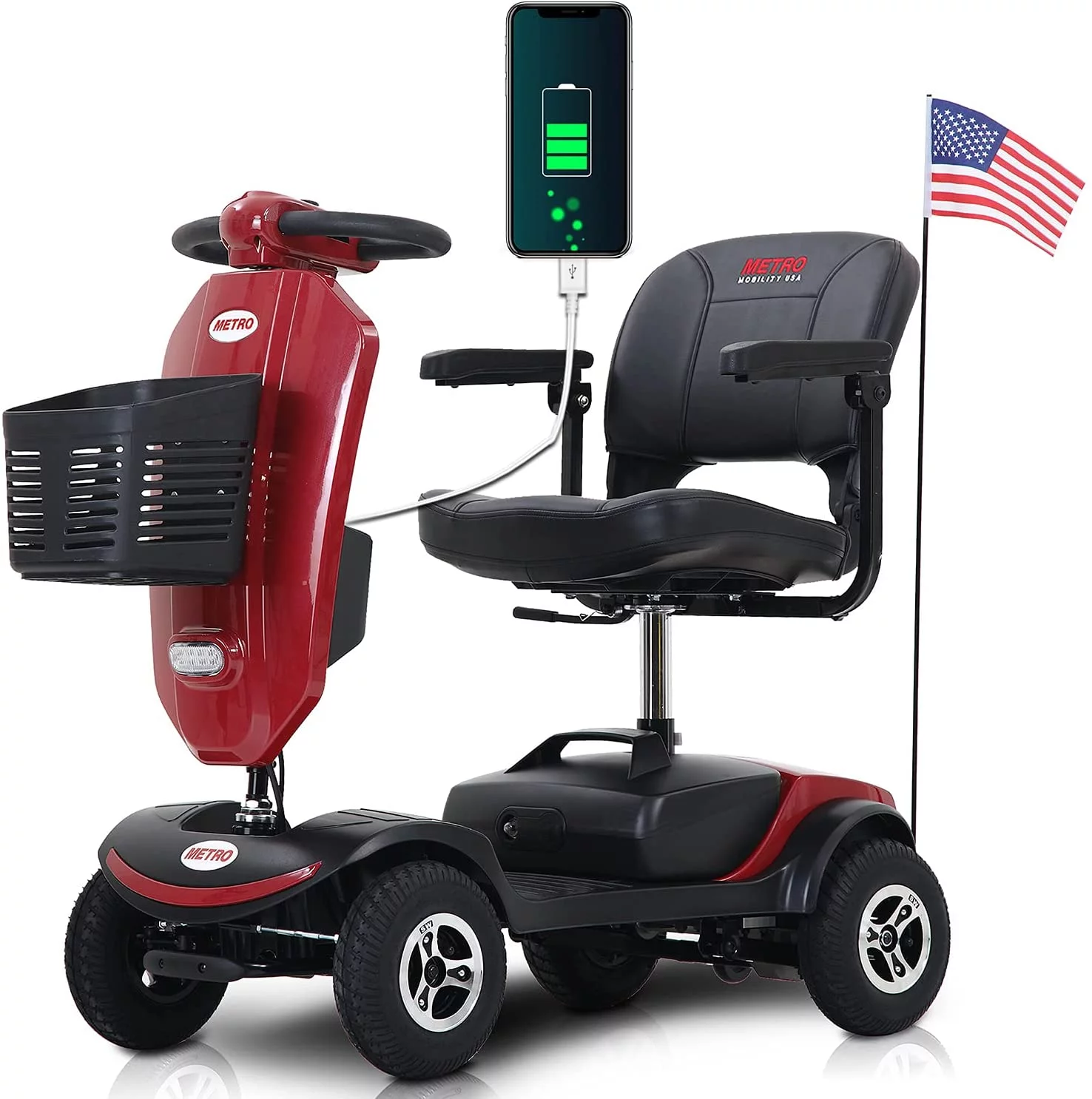 Folding 4 Wheels Mobility Scooter with USB Charging Port, Windshield, LED Head and Rear Light - Red - Womvr