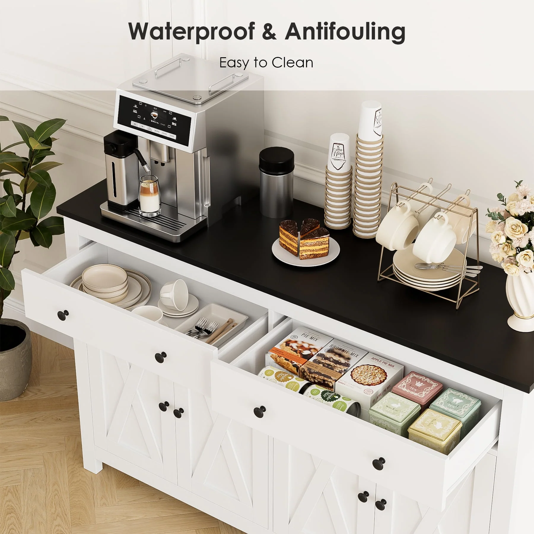 Homfa 4-Doors 2-Drawers Farmhouse Storage Cabinet, Wood Sideboard with Adjustable Shelves for Kitchen Dining Room, White - Womvr