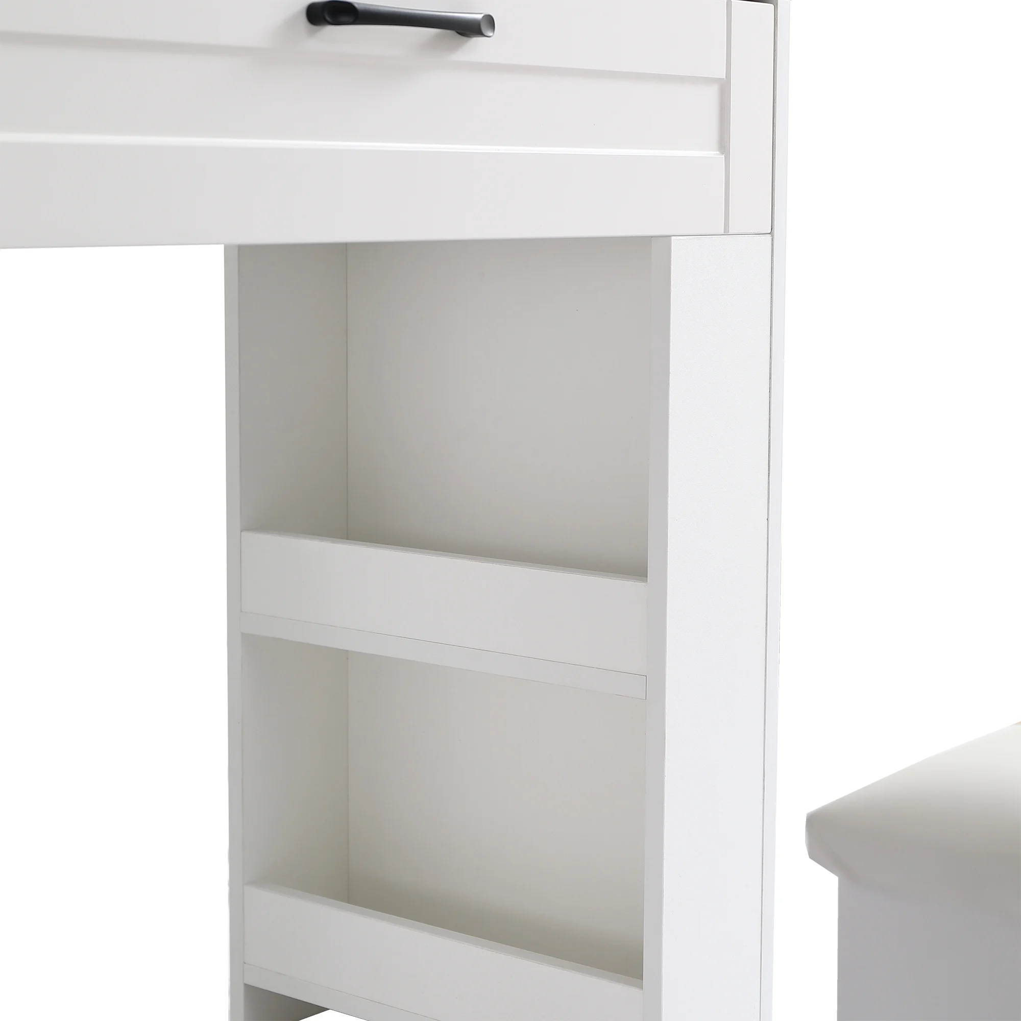 Kadyn Vanity Table with Large Sliding Lighted Mirror, Dressing Table with 2 Drawers, Storage Shelves and Upholstered Stool, White - Womvr