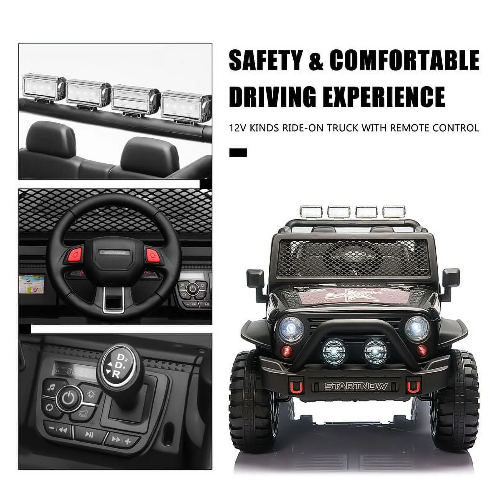 CAIDI 12 V Kids Ride On Truck, 2-Seater Battery Powered Toy Car w/ Remote Control, Spring Suspension, Bluetooth, LED Lights - Womvr