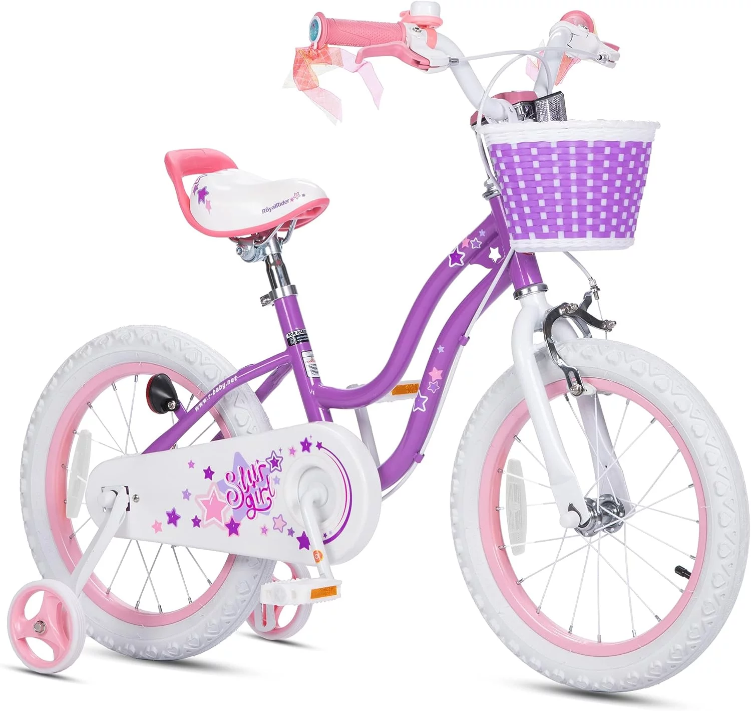 Royalbaby Girl's Kid's Bike Stargirl 16 In. Child Bicycle with Basket, Training Wheels and Kickstand, Purple Dual handbrakes. - Womvr