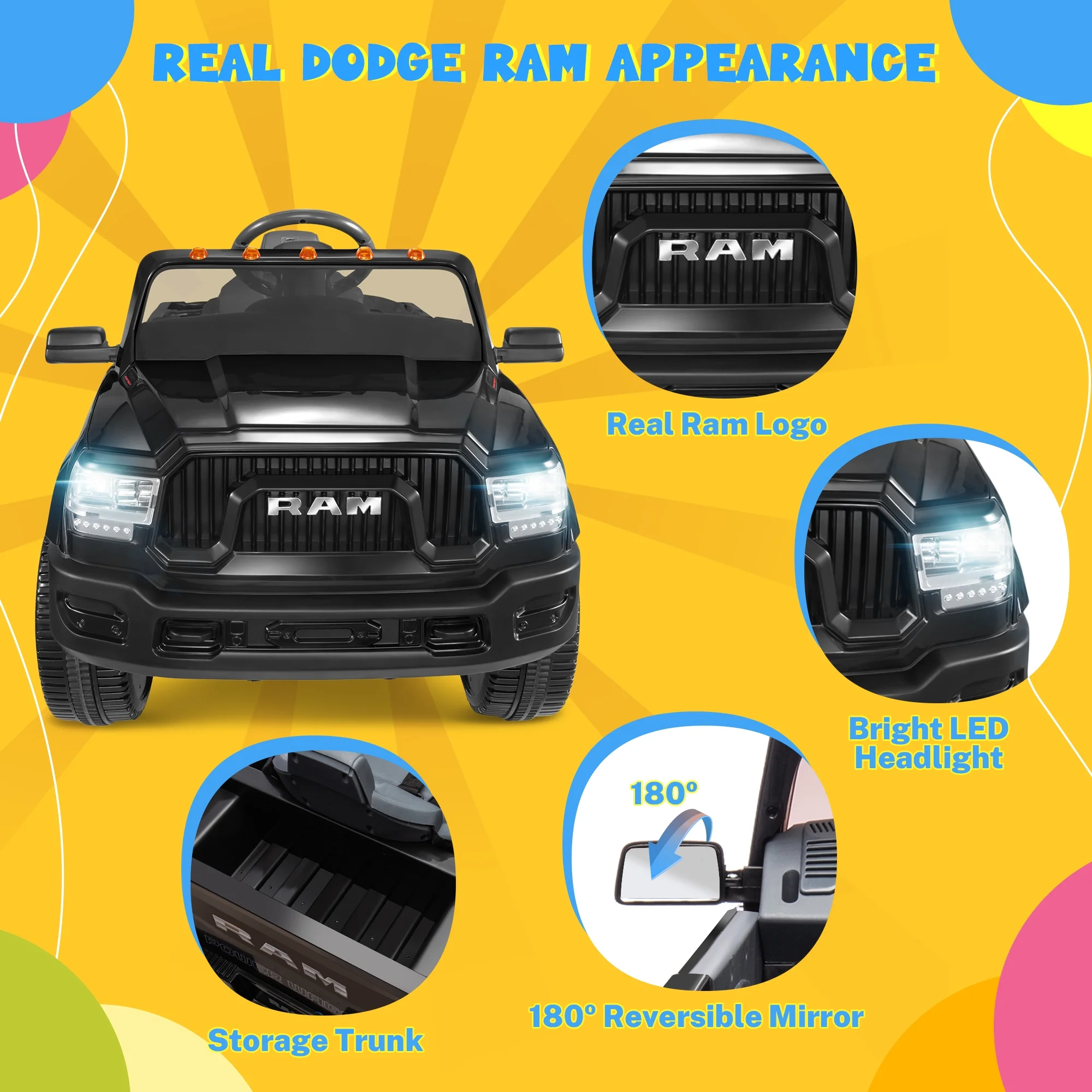 Dodge Ram Ride On Car for Kids, 12V Powered Ride On Truck Cars with Parents Remote Control,Dodge Electric Ride On Car for Boys Girls 3-5, Red - Womvr