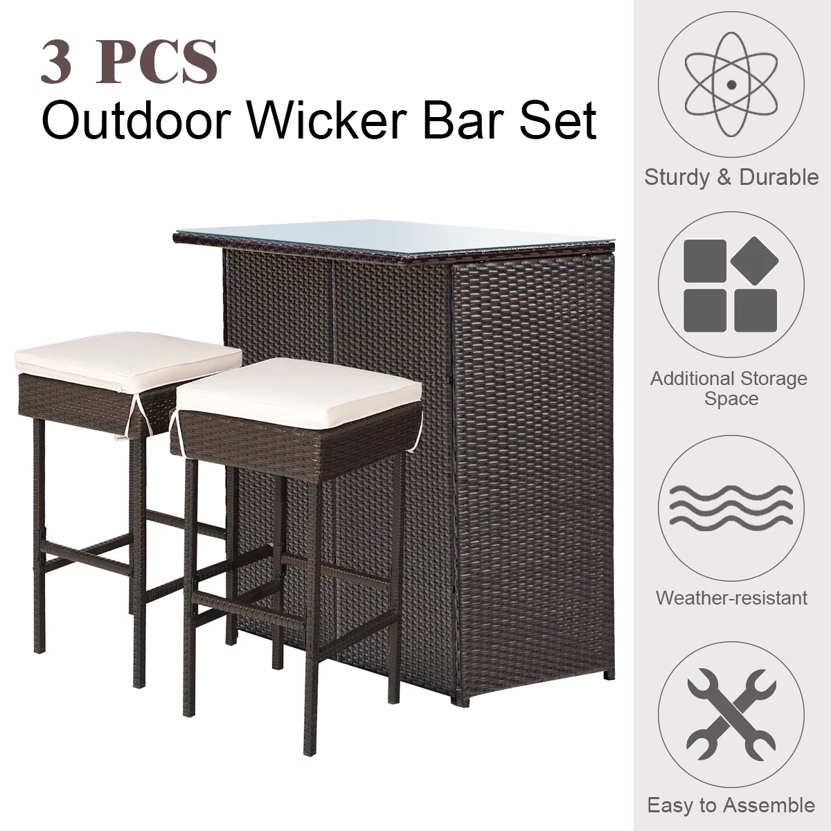 Costway 3PCS Patio Rattan Wicker Bar Table Stools Dining Set Cushioned Chairs Garden - Womvr