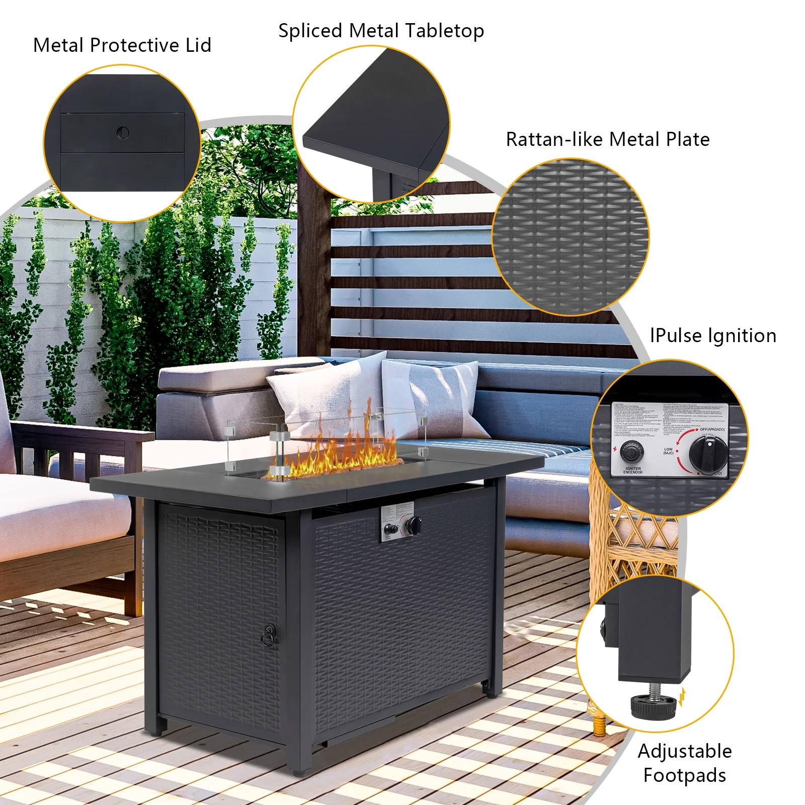 43.3 inch Gas Fire Pit Table, SYNGAR 2-in-1 50,000 BTU Propane Gas Fire Pit Table, Outdoor Propane Fire Pit with Glass Wind Guard, Blue Rocks and Lid, for Patio, Backyard, Garden, Poolside, D4620 - Womvr