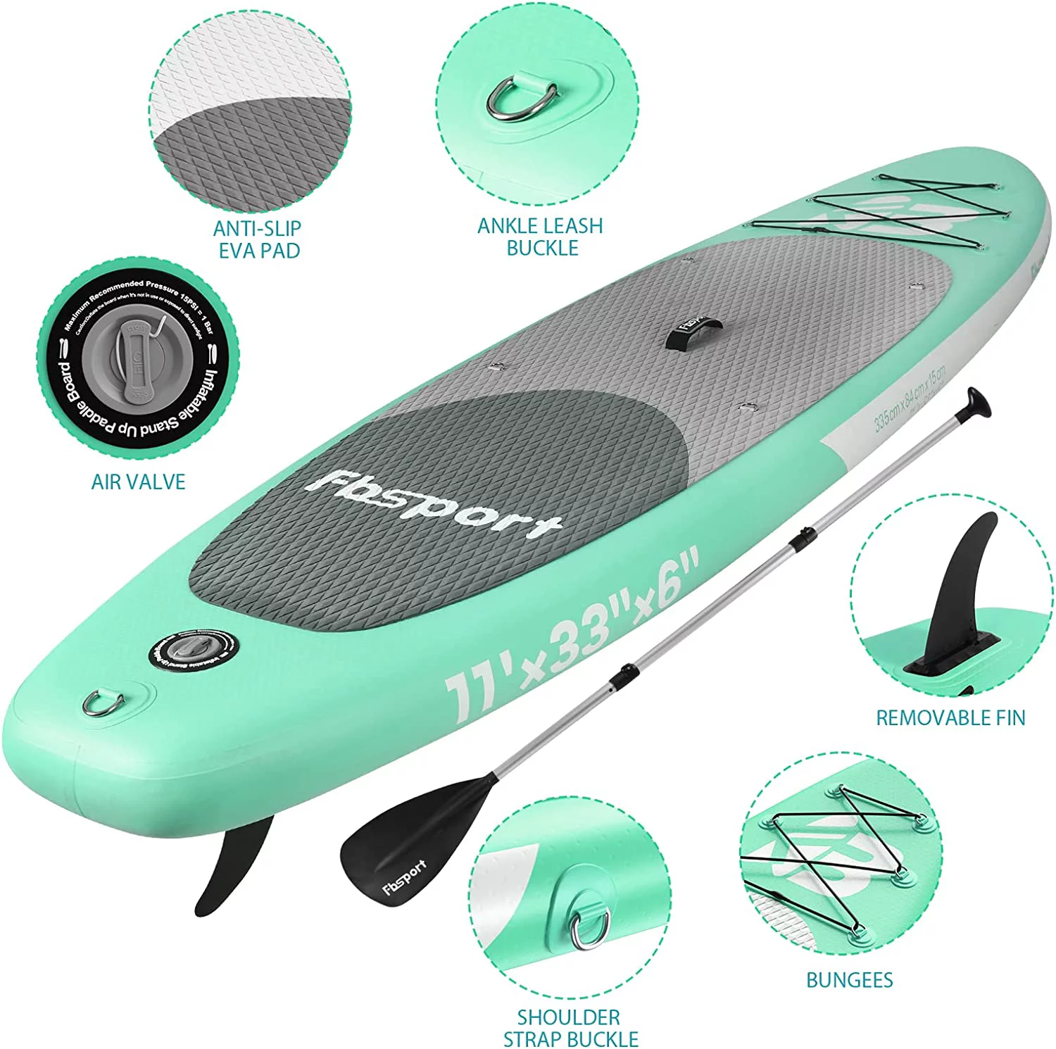 Summer Savings Fbsport 11ft Inflatable Paddle Board SUP, 6'' Thick W/Paddling Fins Electric Pump & Accessories Pack, Green - Womvr