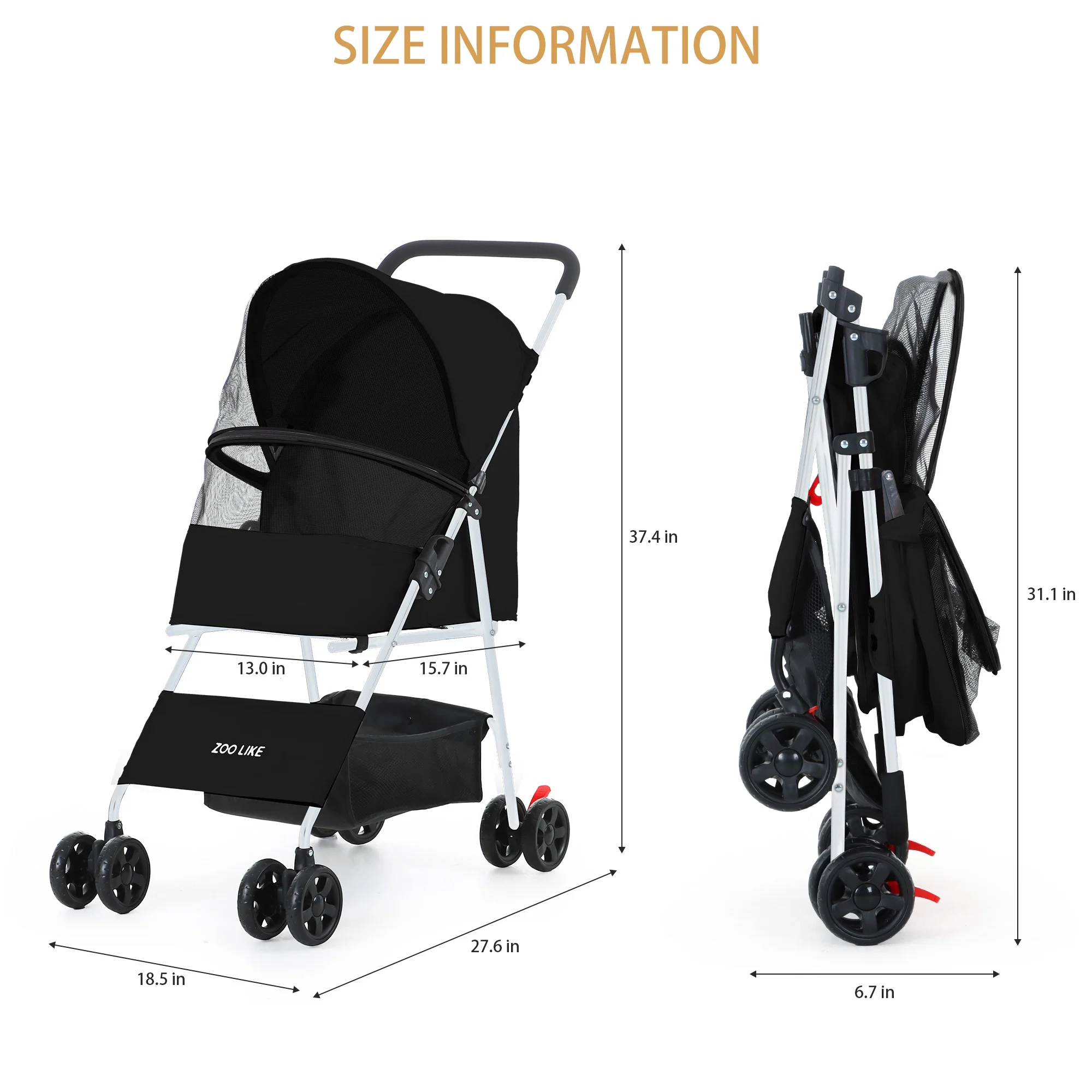 Zoolike Pet Stroller Cat Dog Cage Stroller Travel Folding Carrier .Foldable Carrier Strolling Cart for Small Medium Dog, Cat W/ Storage Basket ,Safety Tether ,Black - Womvr