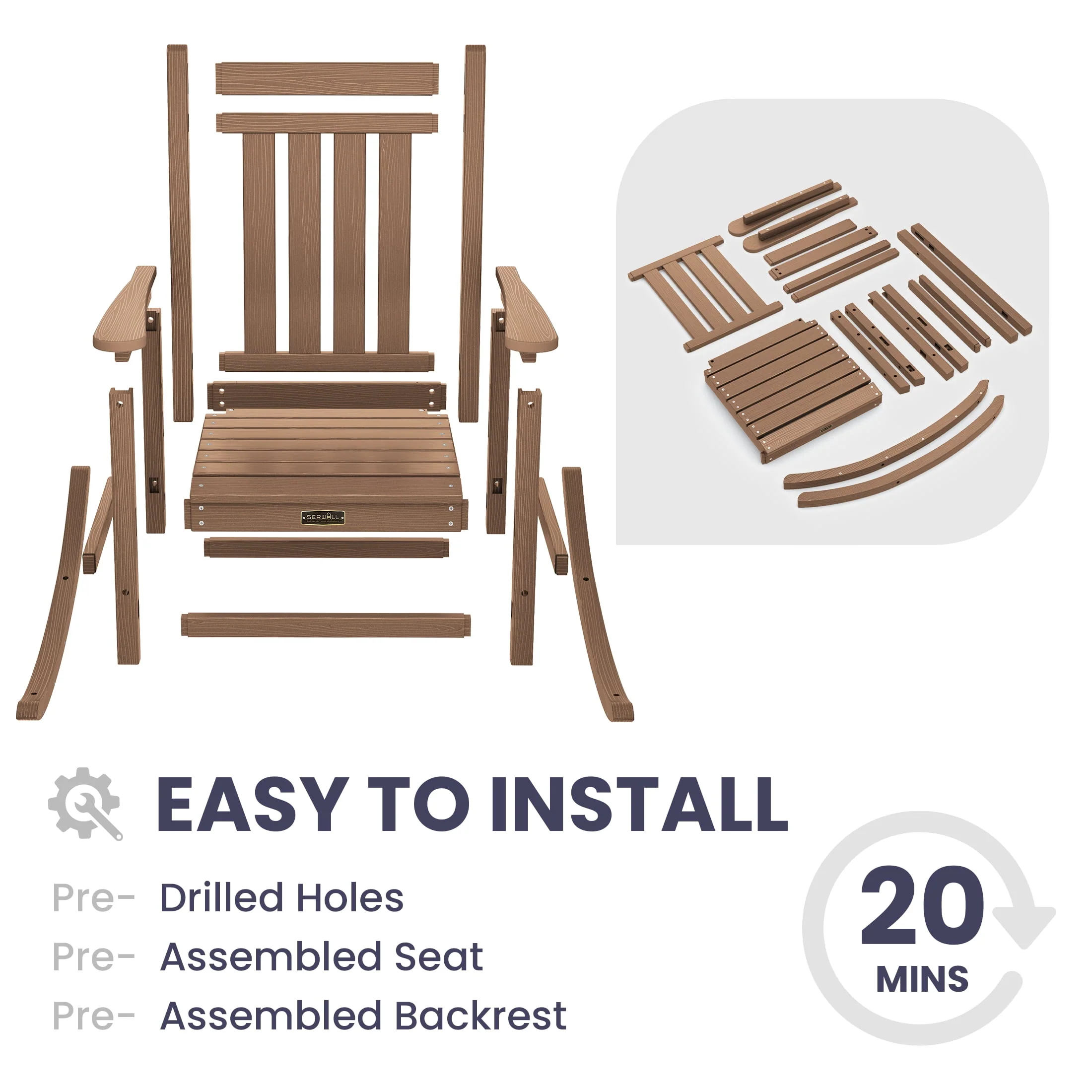 SERWALL Outdoor Oversized Slat Rocking Chair, HDPE Plastic Porch Rocker, Gray - Womvr